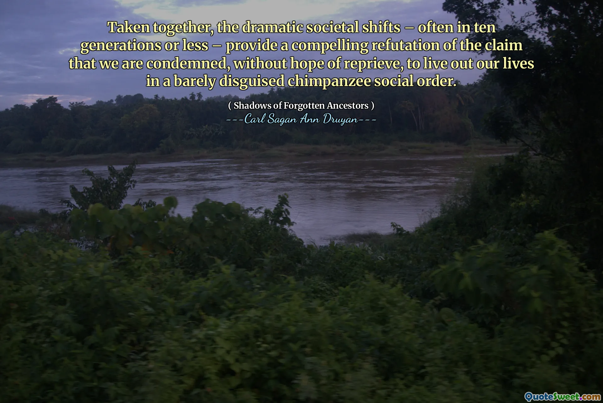 Taken together, the dramatic societal shifts – often in ten generations or less – provide a compelling refutation of the claim that we are condemned, without hope of reprieve, to live out our lives in a barely disguised chimpanzee social order.