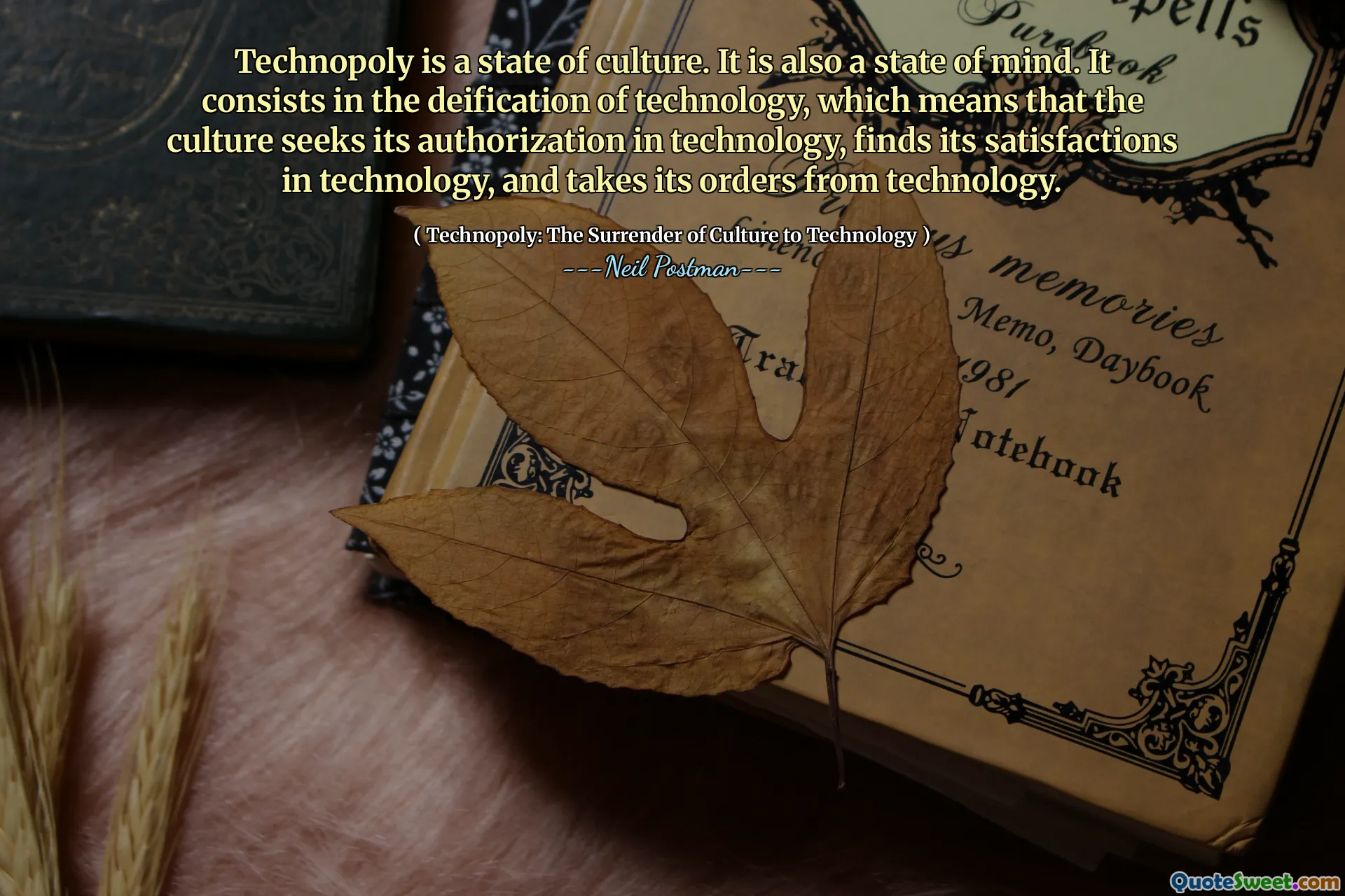 टेक्नोपोली संस्कृति की स्थिति है। यह भी मन की स्थिति है। इसमें प्रौद्योगिकी के विचलन में शामिल हैं, जिसका अर्थ है कि संस्कृति प्रौद्योगिकी में अपने प्राधिकरण की तलाश करती है, प्रौद्योगिकी में अपनी संतुष्टि पाती है, और प्रौद्योगिकी से इसके आदेश लेती है।