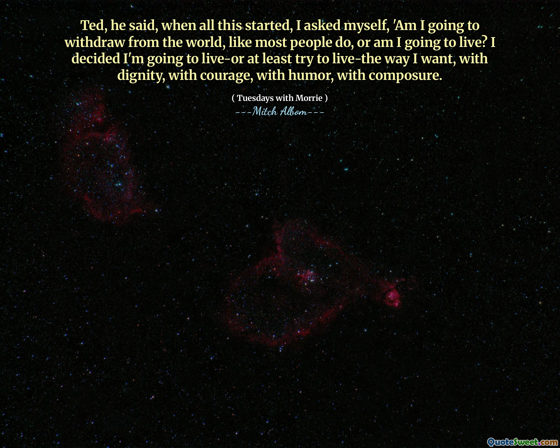 Ted, sagte er, als all dies begann, fragte ich mich: „Werde ich mich aus der Welt zurückziehen, wie die meisten Menschen, oder werde ich leben? Ich habe beschlossen, dass ich leben werde-oder zumindest versuchen zu leben-so wie ich mit Mut, mit Humor, mit Gelassenheit möchte.