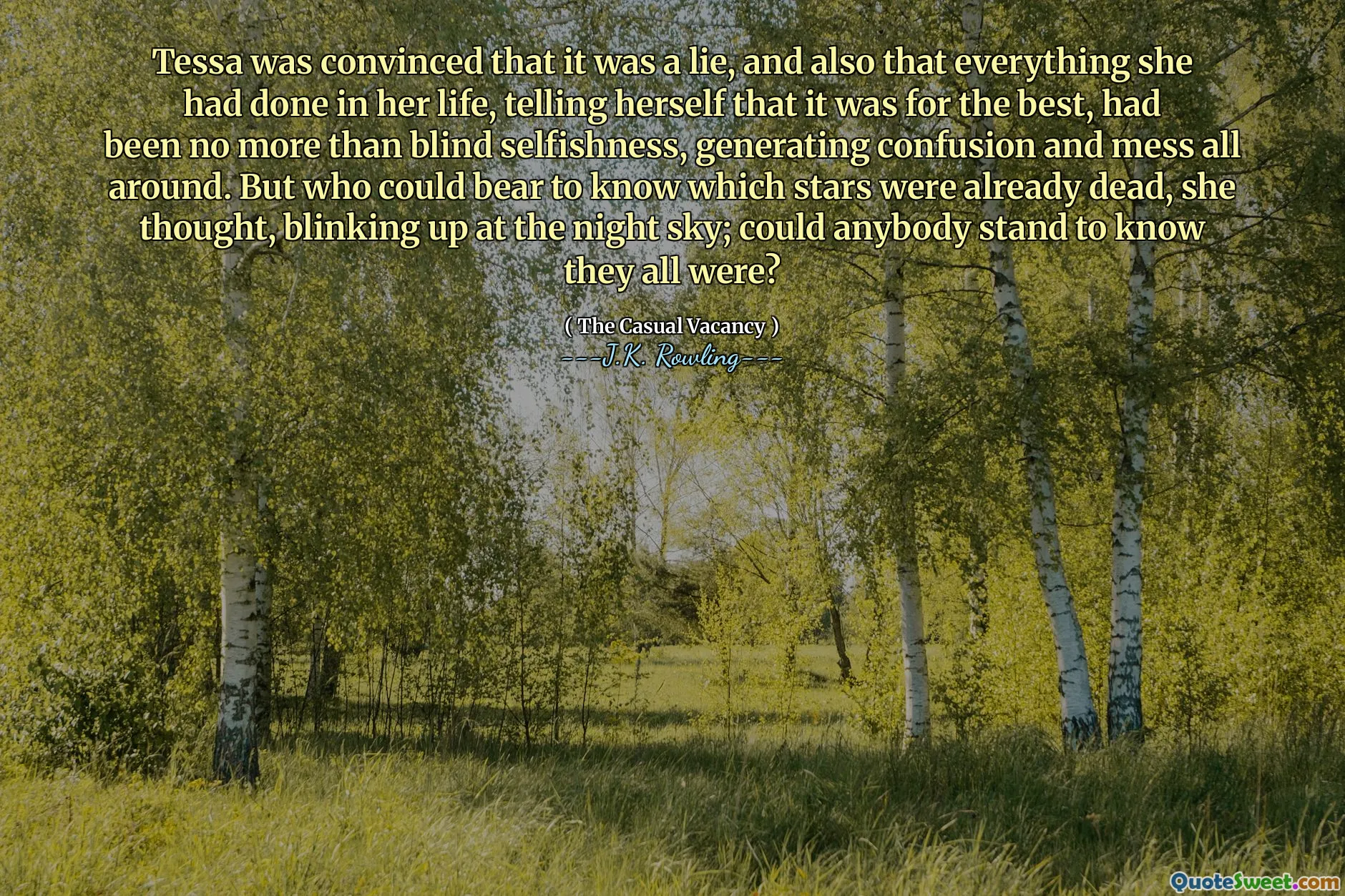 Tessa was convinced that it was a lie, and also that everything she had done in her life, telling herself that it was for the best, had been no more than blind selfishness, generating confusion and mess all around. But who could bear to know which stars were already dead, she thought, blinking up at the night sky; could anybody stand to know they all were?