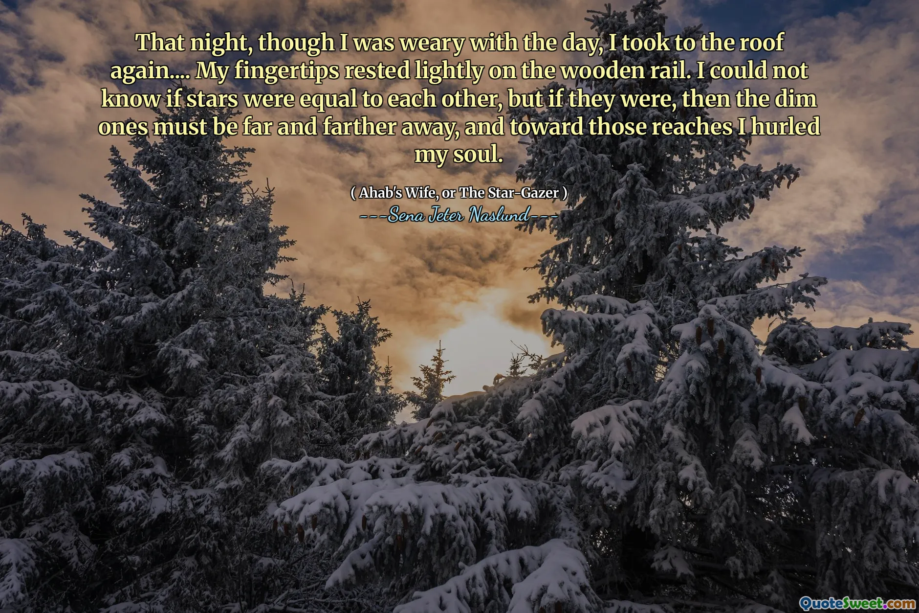 That night, though I was weary with the day, I took to the roof again.... My fingertips rested lightly on the wooden rail. I could not know if stars were equal to each other, but if they were, then the dim ones must be far and farther away, and toward those reaches I hurled my soul.