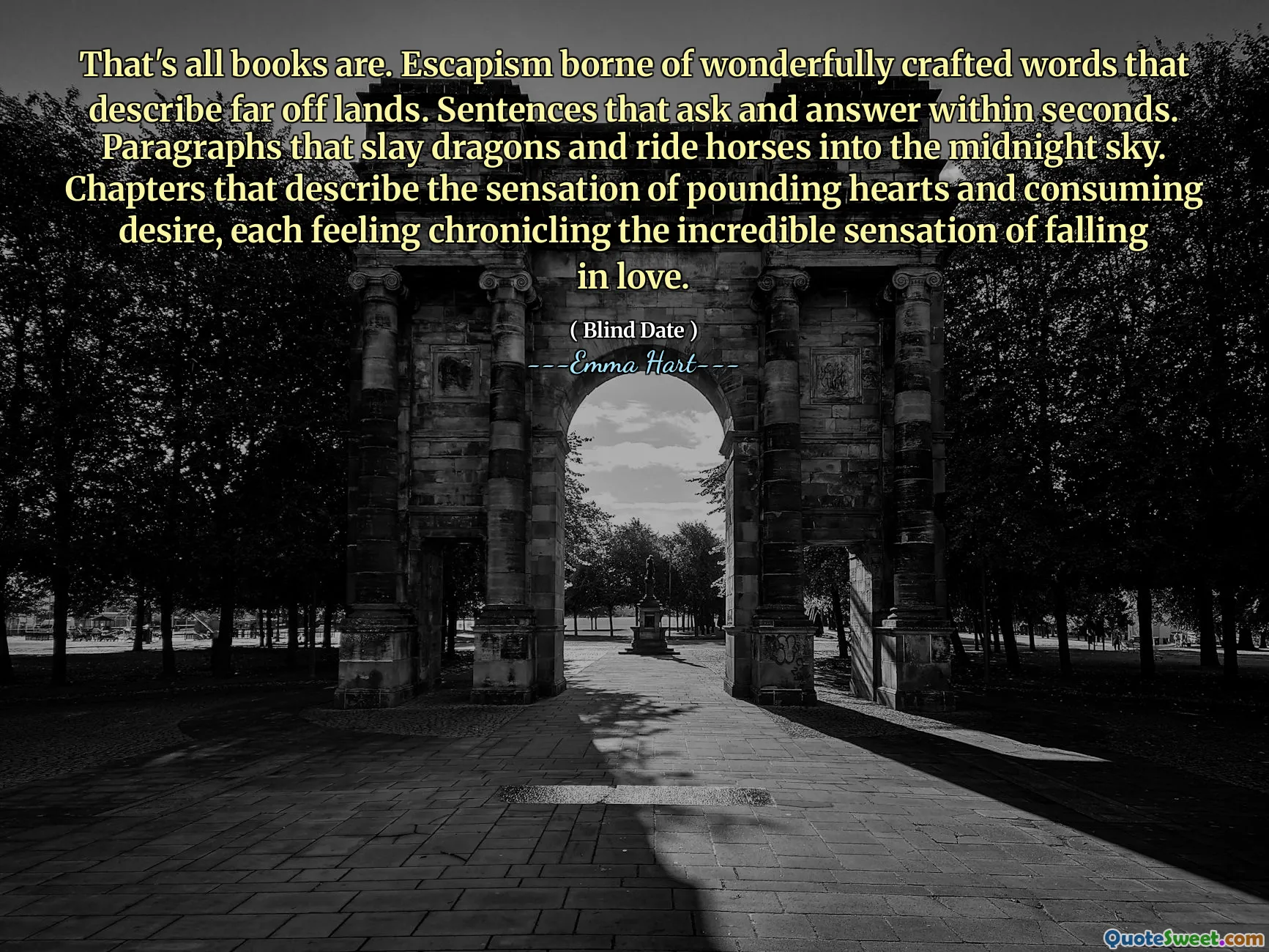 Det är alla böcker. Escapism som bärs av underbart utformade ord som beskriver långt utanför länder. Meningar som frågar och svarar inom några sekunder. Punkter som dödar drakar och rider hästar in i midnatthimlen. Kapitel som beskriver känslan av dunkande hjärtan och konsumerar lust, var och en känner att kroniska den otroliga känslan av att bli kär.