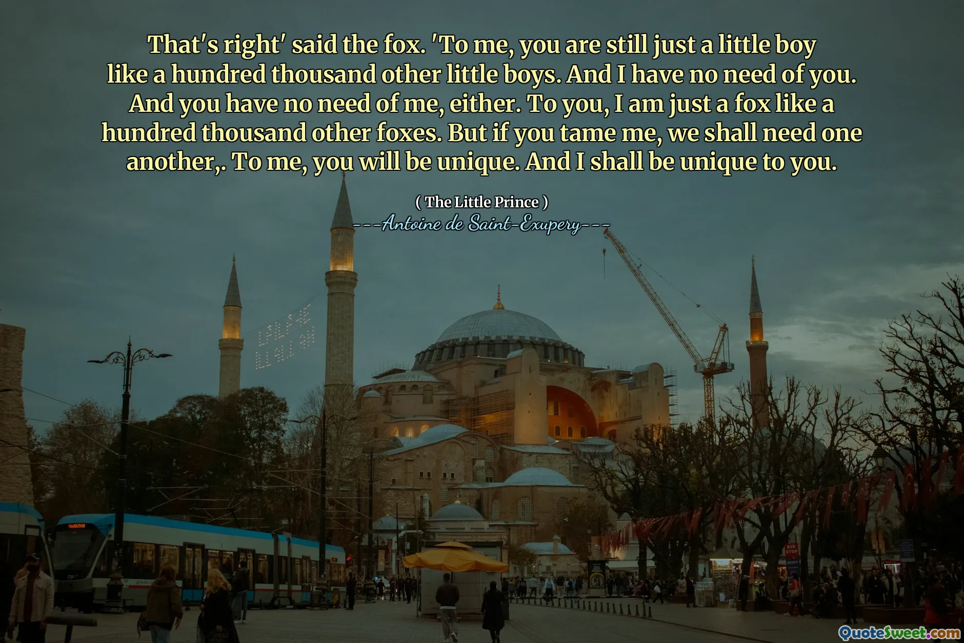 That's right' said the fox. 'To me, you are still just a little boy like a hundred thousand other little boys. And I have no need of you. And you have no need of me, either. To you, I am just a fox like a hundred thousand other foxes. But if you tame me, we shall need one another,. To me, you will be unique. And I shall be unique to you.