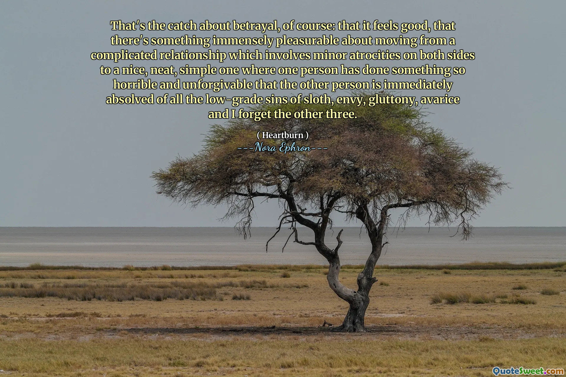 That's the catch about betrayal, of course: that it feels good, that there's something immensely pleasurable about moving from a complicated relationship which involves minor atrocities on both sides to a nice, neat, simple one where one person has done something so horrible and unforgivable that the other person is immediately absolved of all the low-grade sins of sloth, envy, gluttony, avarice and I forget the other three.