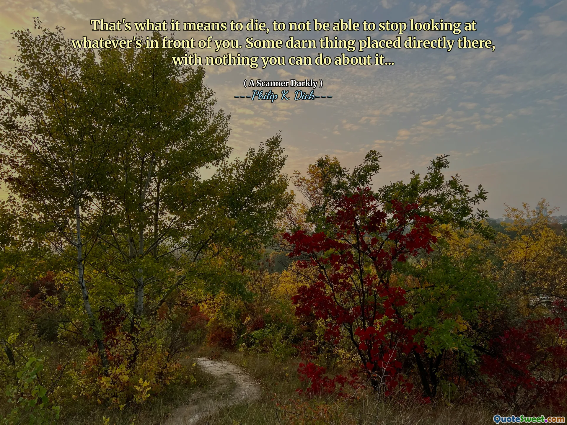 C'est ce que signifie mourir, de ne pas pouvoir arrêter de regarder tout ce qui est devant vous. Une sacrée chose placée directement là-bas, sans rien que vous puissiez faire à ce sujet ...