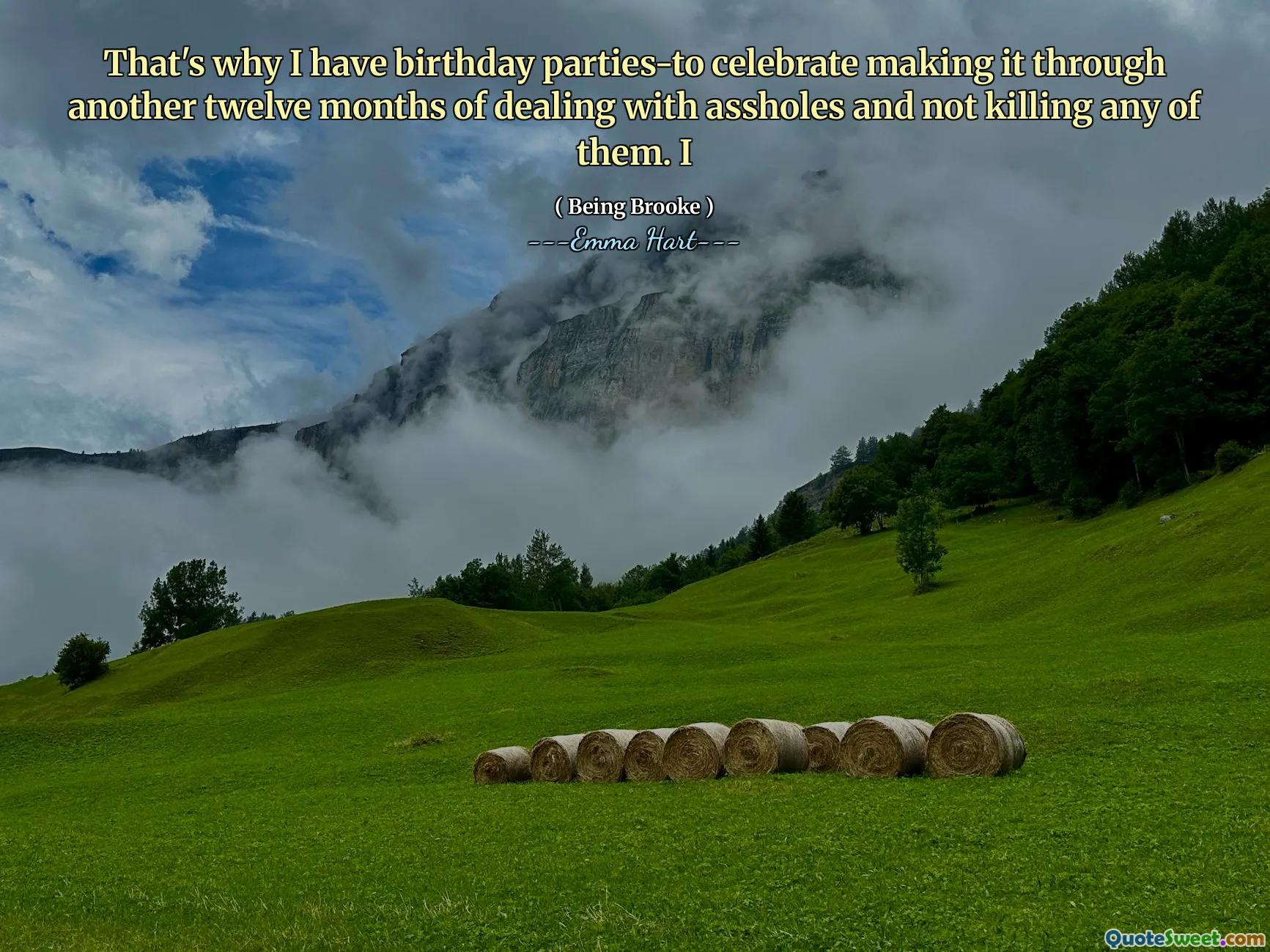 Daarom heb ik verjaardagsfeestjes om het te vieren door nog eens twaalf maanden om met klootzakken om te gaan en geen van hen te doden. I