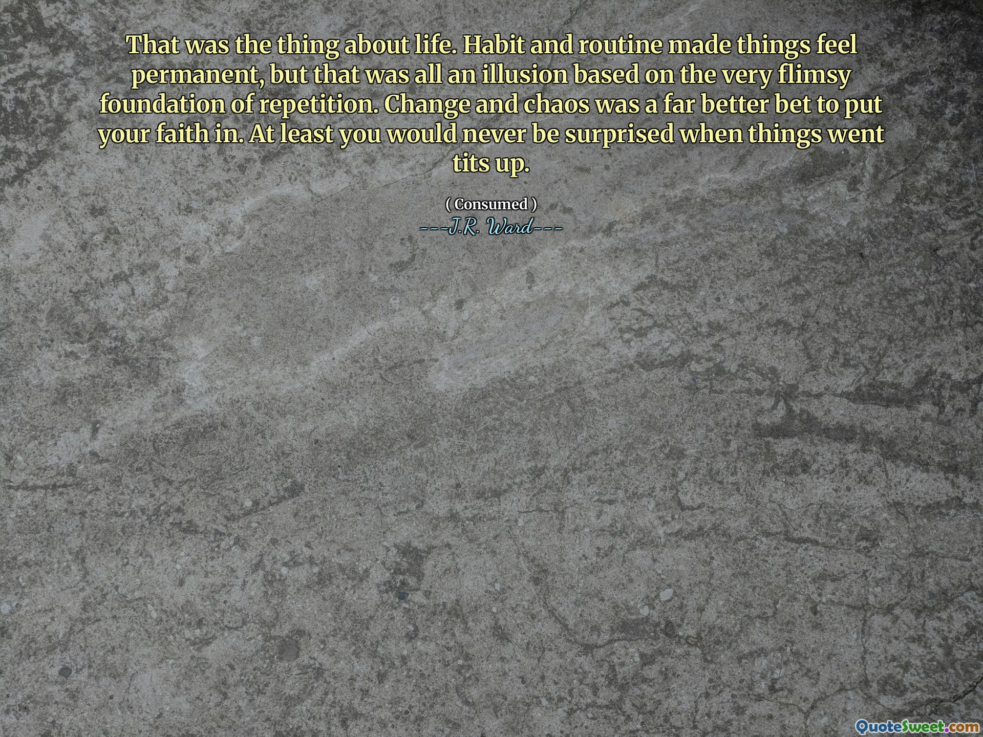 That was the thing about life. Habit and routine made things feel permanent, but that was all an illusion based on the very flimsy foundation of repetition. Change and chaos was a far better bet to put your faith in. At least you would never be surprised when things went tits up.