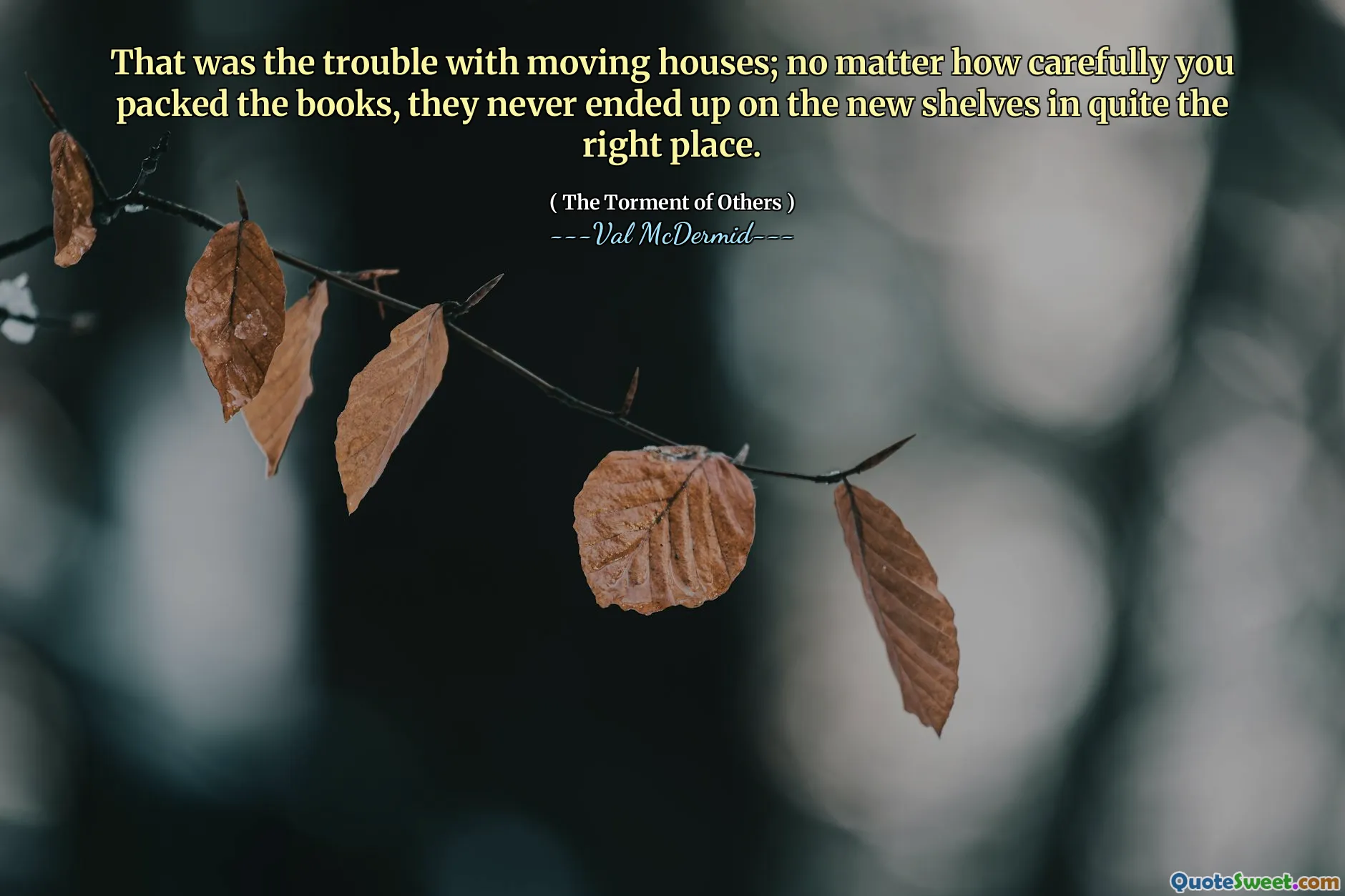 That was the trouble with moving houses; no matter how carefully you packed the books, they never ended up on the new shelves in quite the right place.