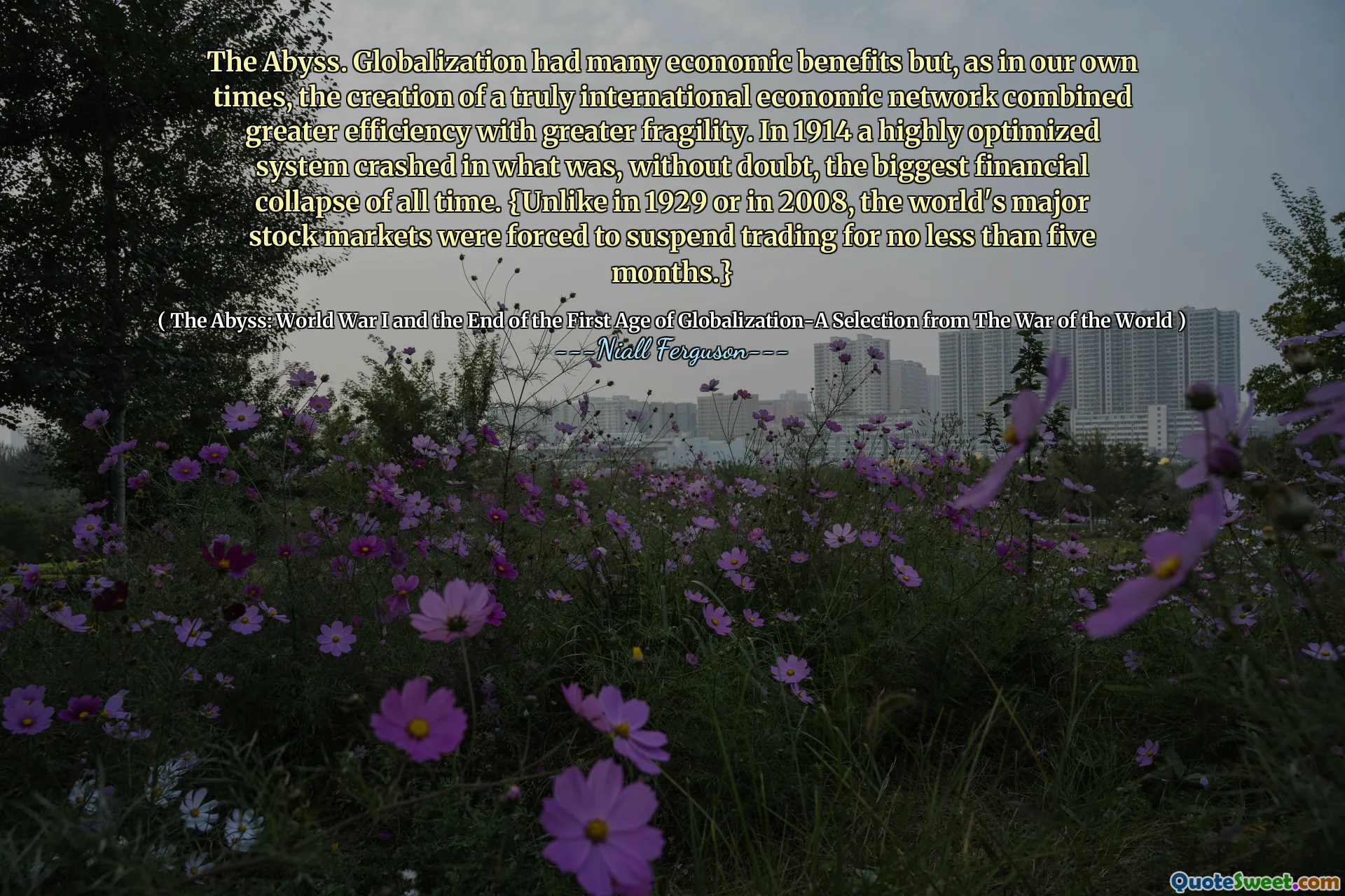 The Abyss. Globalization had many economic benefits but, as in our own times, the creation of a truly international economic network combined greater efficiency with greater fragility. In 1914 a highly optimized system crashed in what was, without doubt, the biggest financial collapse of all time. {Unlike in 1929 or in 2008, the world's major stock markets were forced to suspend trading for no less than five months.}