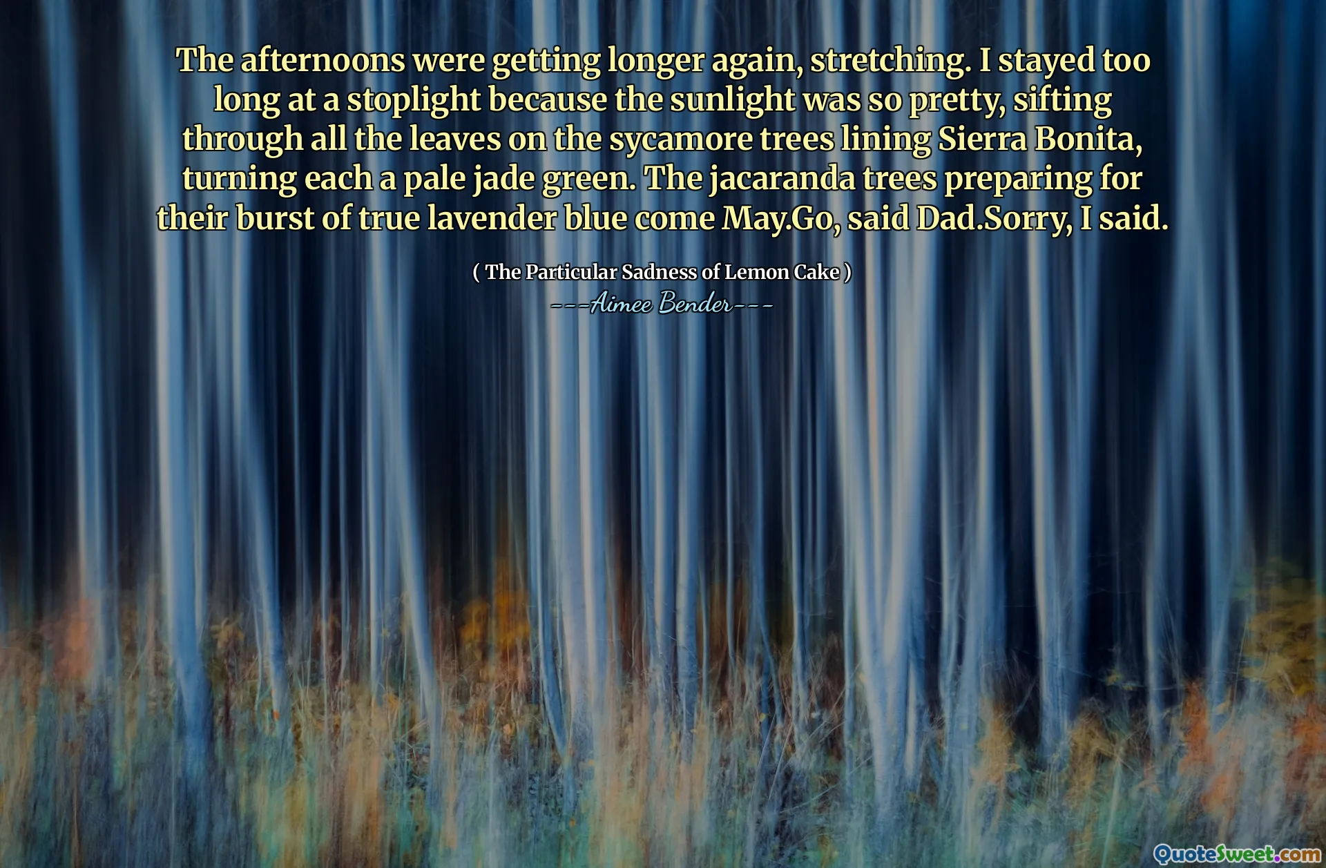 După -amiaza devenea din nou mai lungă, întinzându -se. Am stat prea mult timp la un far, deoarece lumina soarelui era atât de drăguță, trecând prin toate frunzele de pe copacii sycamore care aliniau Sierra Bonita, întorcând fiecare un verde de jad pal. Copacii de jacaranda care se pregătesc pentru explozia lor de albastru de lavandă adevărat vin mai.