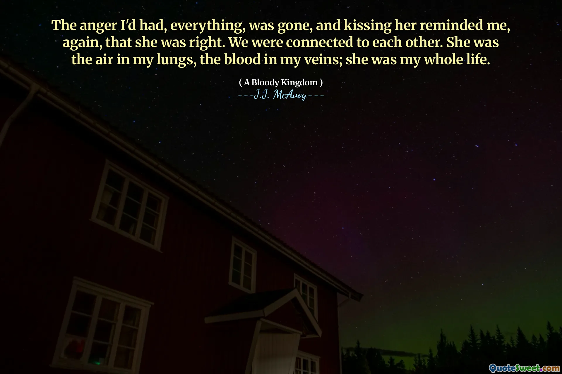 Sự tức giận của tôi, mọi thứ, đã biến mất, và nụ hôn của cô ấy nhắc nhở tôi rằng cô ấy đã đúng. Chúng tôi đã được kết nối với nhau. Cô ấy là không khí trong phổi tôi, là máu trong huyết quản tôi; cô ấy là cả cuộc đời tôi.