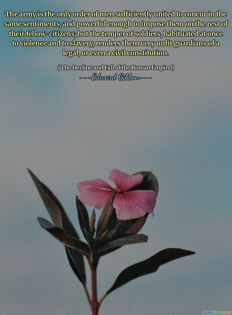The army is the only order of men sufficiently united to concur in the same sentiments, and powerful enough to impose them on the rest of their fellow-citizens; but the temper of soldiers, habituated at once to violence and to slavery, renders them very unfit guardians of a legal, or even a civil constitution.