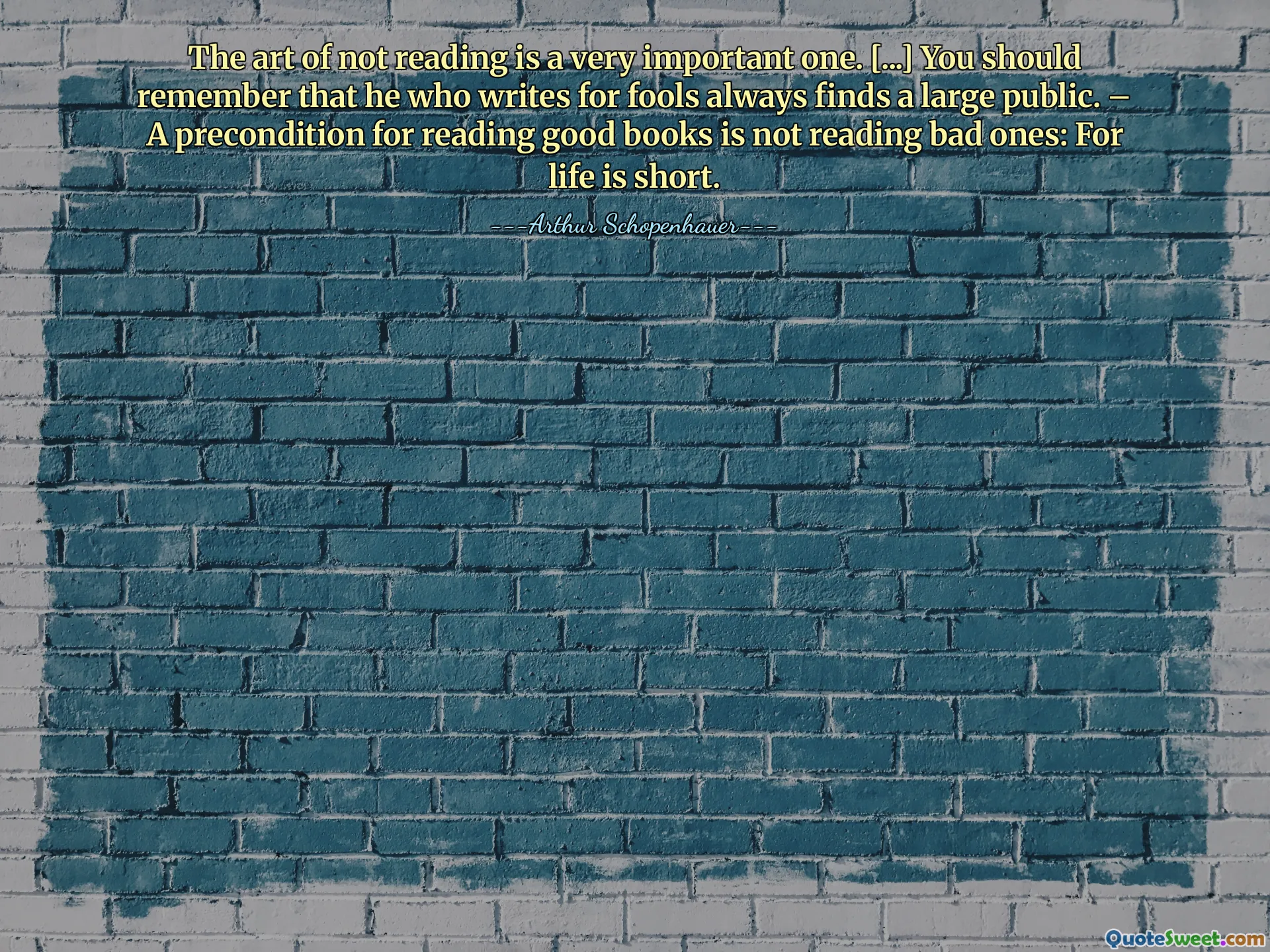 The art of not reading is a very important one. [...] You should remember that he who writes for fools always finds a large public. – A precondition for reading good books is not reading bad ones: For life is short.
