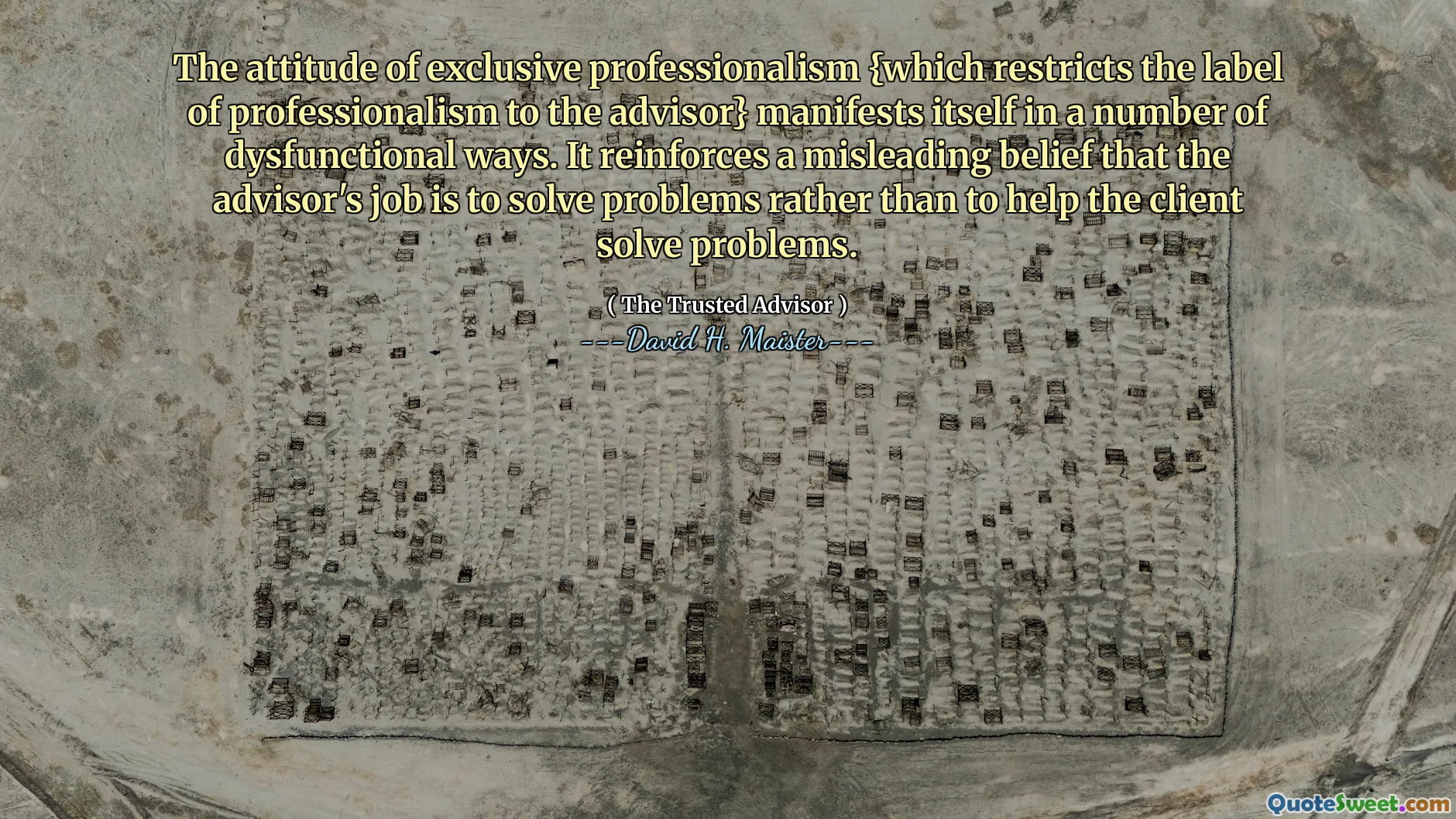 अनन्य व्यावसायिकता का रवैया {जो सलाहकार के लिए व्यावसायिकता के लेबल को प्रतिबंधित करता है} खुद को कई तरीकों से प्रकट करता है। यह एक भ्रामक विश्वास को पुष्ट करता है कि सलाहकार का काम समस्याओं को हल करने में मदद करने के बजाय समस्याओं को हल करना है।