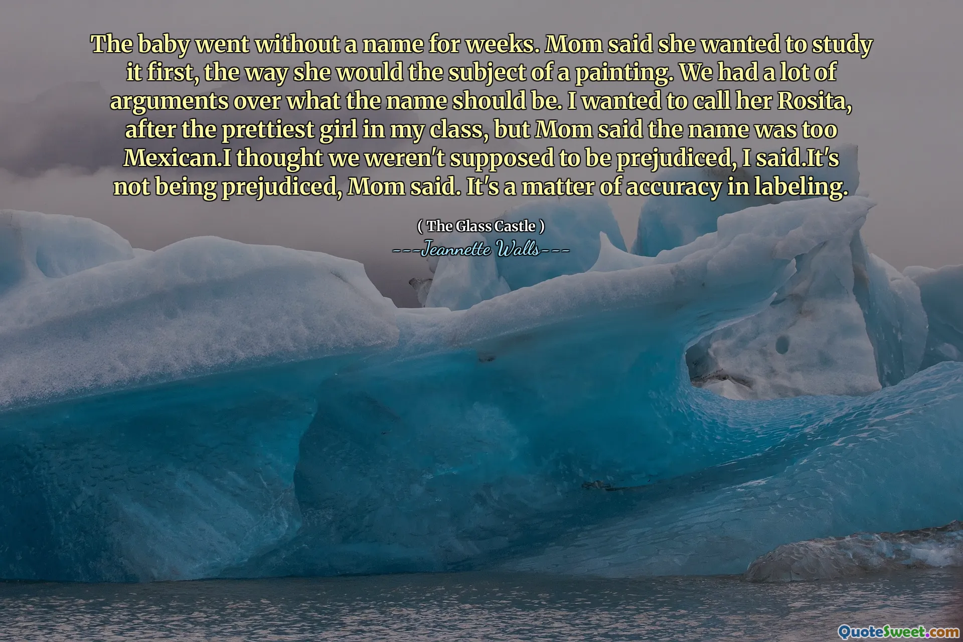 El bebé se fue sin nombre durante semanas. Mamá dijo que quería estudiarlo primero, como sería sujeto de una pintura. Tuvimos muchos argumentos sobre cuál debería ser el nombre. Quería llamarla Rosita, después de la chica más bonita de mi clase, pero mamá dijo que el nombre era demasiado mexicano. Pensé que no se suponía que teníamos prejuicios, dije. Es una cuestión de precisión en el etiquetado.