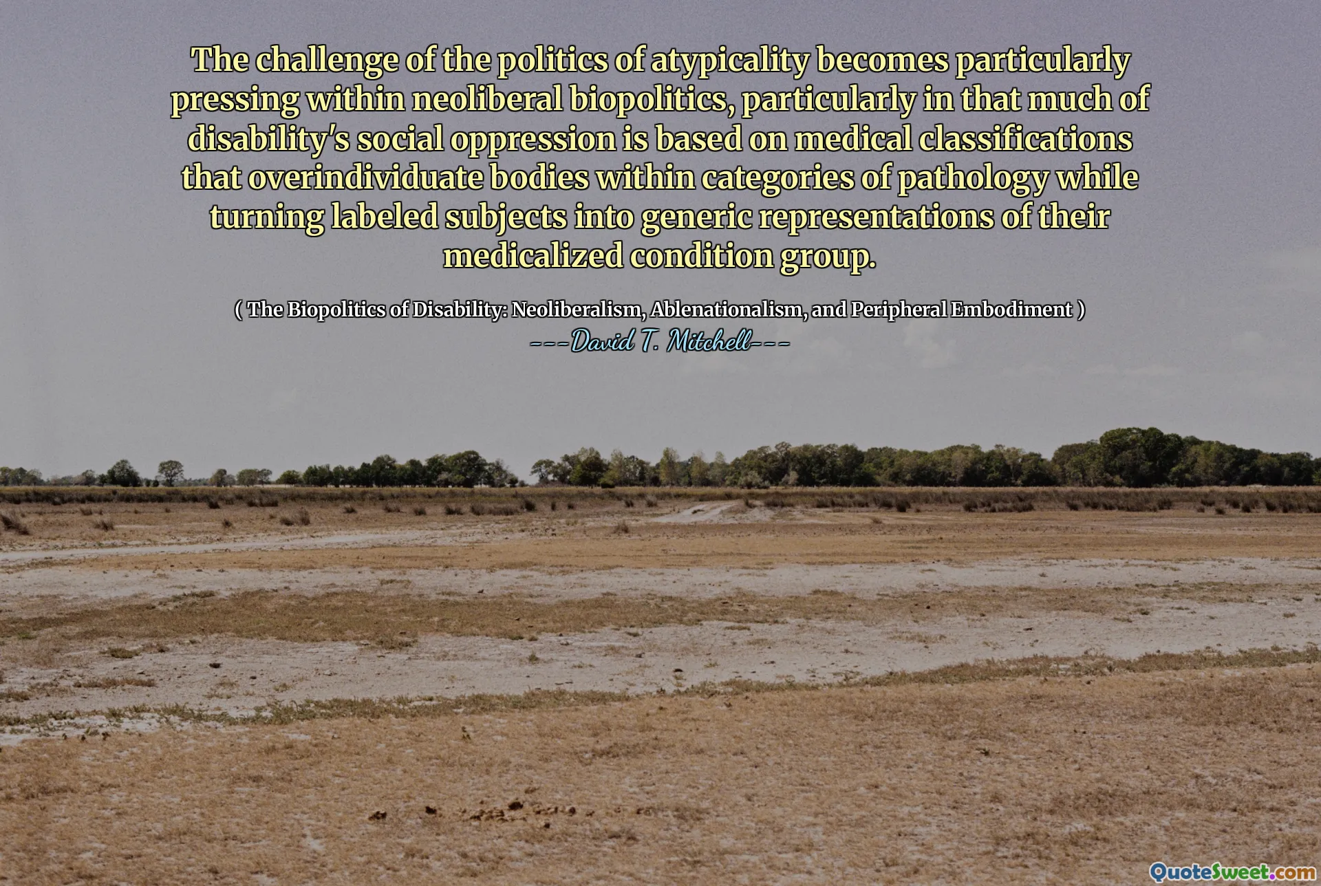 La sfida della politica dell’atipicità diventa particolarmente urgente all’interno della biopolitica neoliberista, in particolare in quanto gran parte dell’oppressione sociale della disabilità si basa su classificazioni mediche che sovraindividualiscono i corpi all’interno di categorie di patologia trasformando i soggetti etichettati in rappresentazioni generiche del loro gruppo di condizioni medicalizzate.