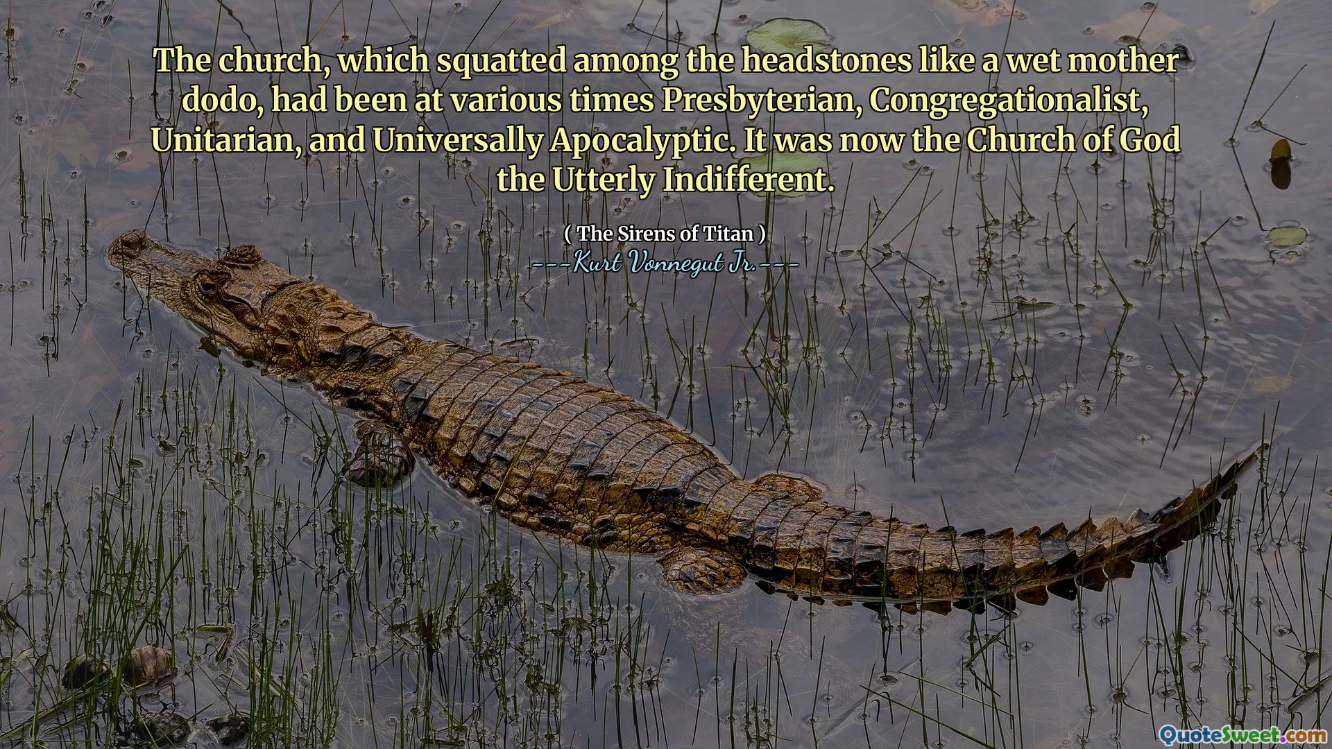 Gereja, yang berjongkok di antara batu nisan seperti ibu yang basah, Dodo, berada di berbagai waktu Presbiterian, Kongregasionalis, Unitarian, dan Apokaliptik secara universal. Sekarang Gereja Allah yang benar -benar acuh tak acuh.