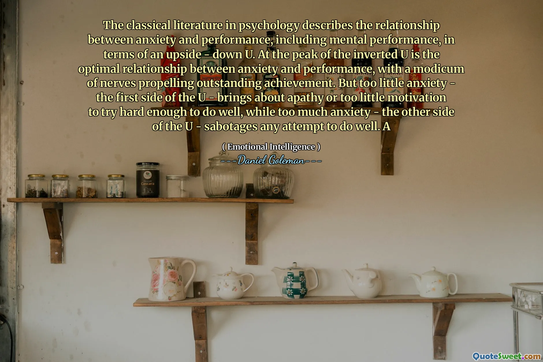 The classical literature in psychology describes the relationship between anxiety and performance, including mental performance, in terms of an upside - down U. At the peak of the inverted U is the optimal relationship between anxiety and performance, with a modicum of nerves propelling outstanding achievement. But too little anxiety - the first side of the U - brings about apathy or too little motivation to try hard enough to do well, while too much anxiety - the other side of the U - sabotages any attempt to do well. A