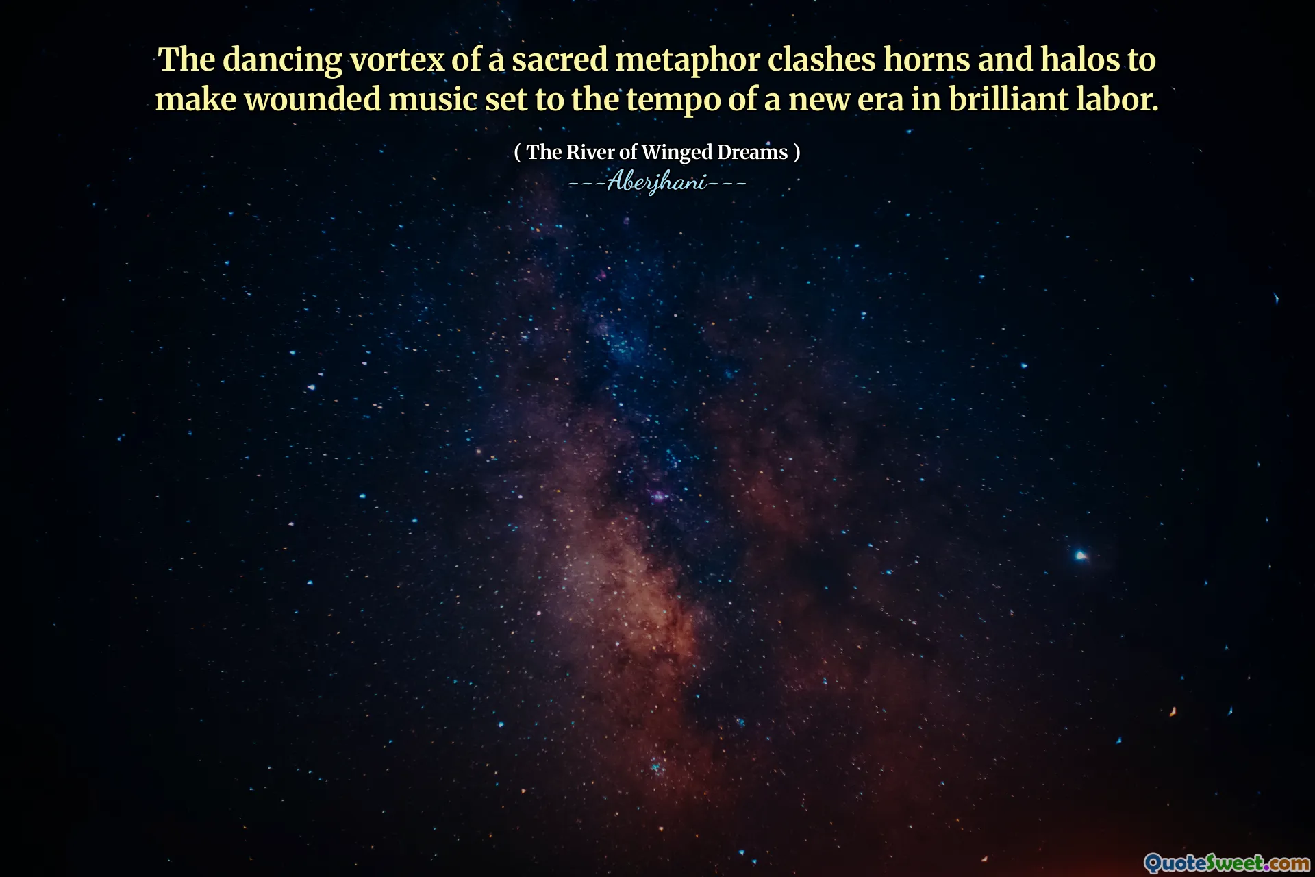 The dancing vortex of a sacred metaphor clashes horns and halos to make wounded music set to the tempo of a new era in brilliant labor.
