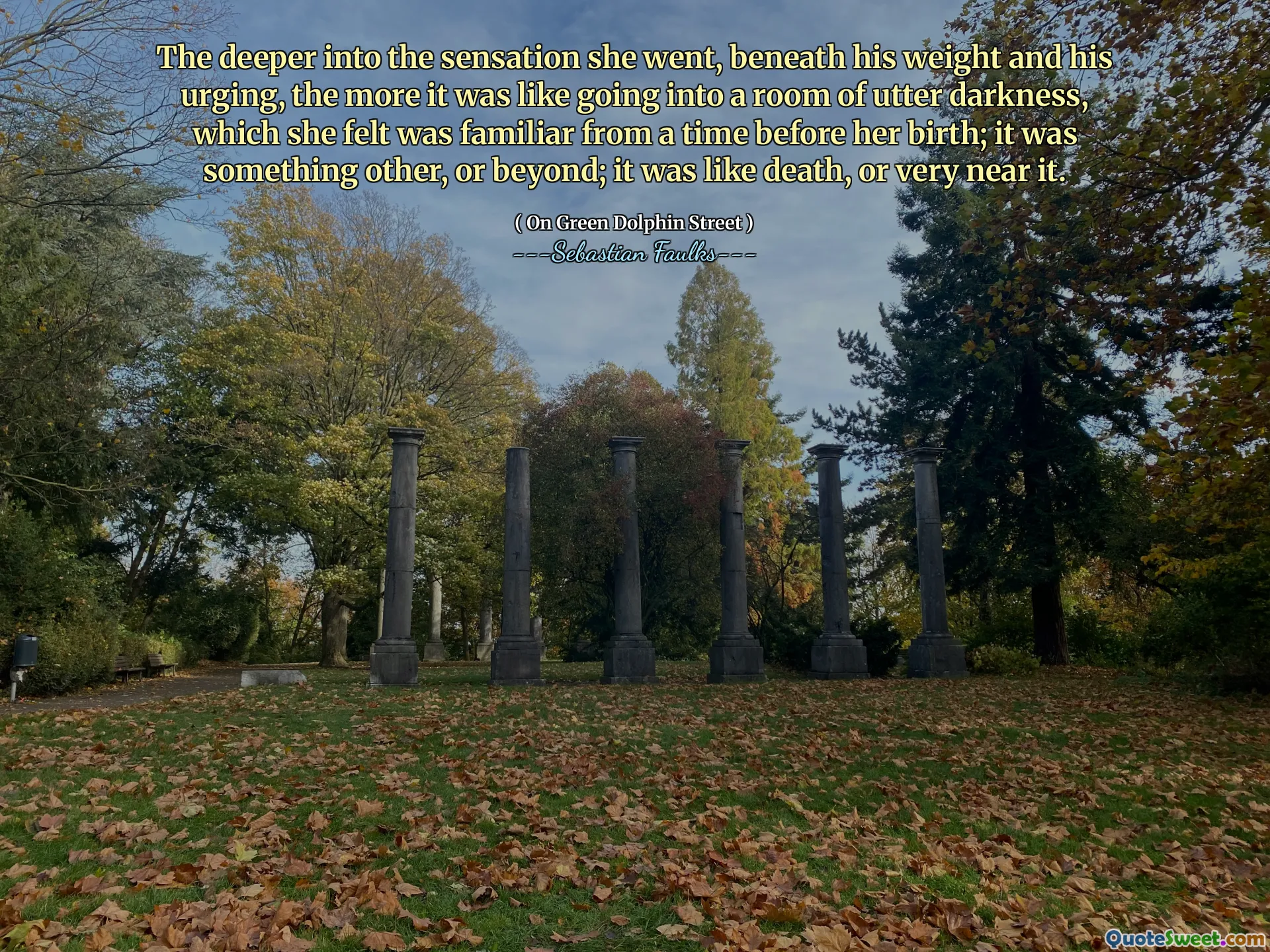 她对自己的体重和敦促的感觉越深，就越像进入一个完全黑暗的房间一样，从出生前的那个时候就觉得这是熟悉的。这是其他或以后的东西；就像死亡，或者很近。