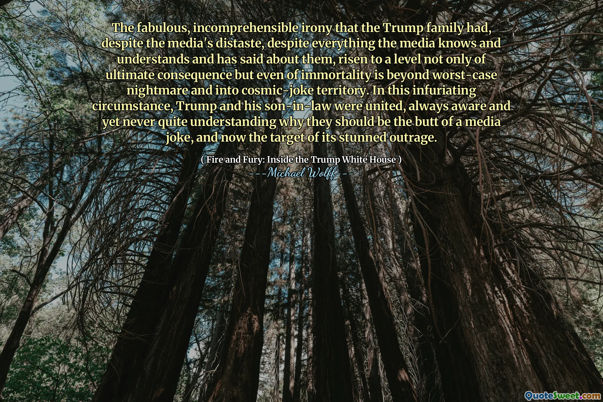 The fabulous, incomprehensible irony that the Trump family had, despite the media's distaste, despite everything the media knows and understands and has said about them, risen to a level not only of ultimate consequence but even of immortality is beyond worst-case nightmare and into cosmic-joke territory. In this infuriating circumstance, Trump and his son-in-law were united, always aware and yet never quite understanding why they should be the butt of a media joke, and now the target of its stunned outrage.