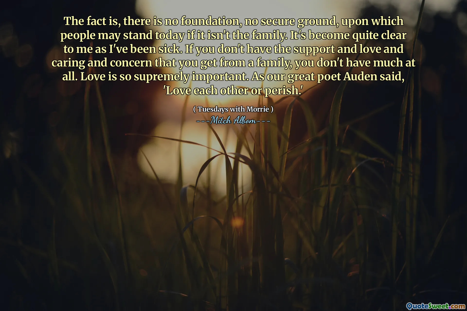 Tatsache ist, dass es keine Grundlage gibt, keinen sicheren Boden, auf dem Menschen heute stehen können, wenn es nicht die Familie ist. Es ist mir ziemlich klar geworden, als ich krank war. Wenn Sie nicht die Unterstützung, Liebe und Fürsorge und Sorge haben, die Sie von einer Familie bekommen, haben Sie überhaupt nicht viel. Liebe ist so wichtig. Wie unser großer Dichter Auden sagte: "Lieben Sie sich gegenseitig oder umkommen."