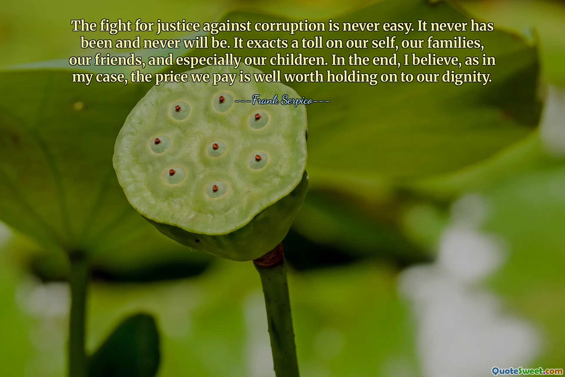 Boj za spravedlnost proti korupci není nikdy snadný. Nikdy nebylo a nebude. Vybírá si daň na nás samých, na našich rodinách, na našich přátelích a především na našich dětech. Nakonec se domnívám, stejně jako v mém případě, že cena, kterou platíme, stojí za to, abychom si udrželi svou důstojnost.
