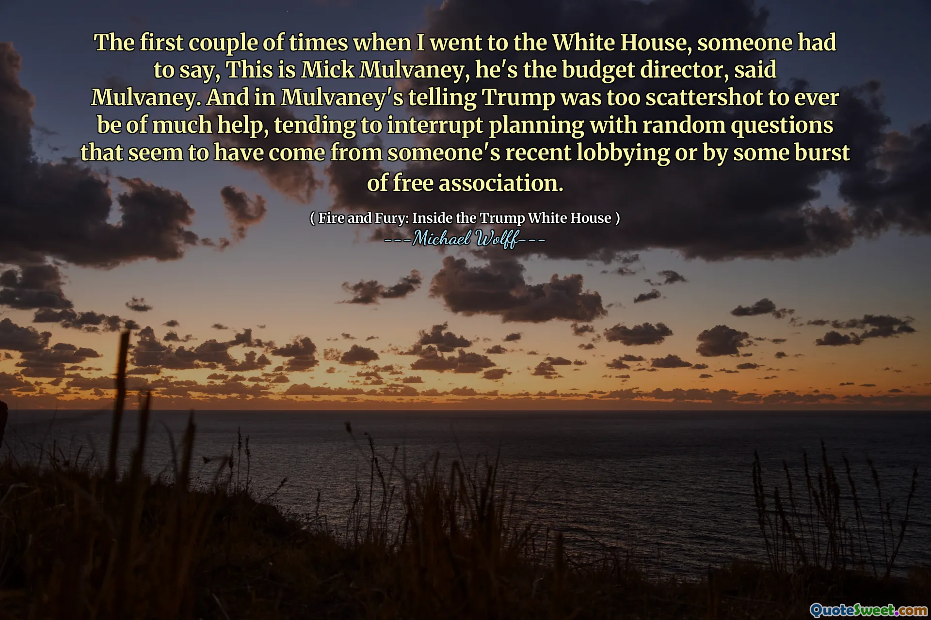 The first couple of times when I went to the White House, someone had to say, This is Mick Mulvaney, he's the budget director, said Mulvaney. And in Mulvaney's telling Trump was too scattershot to ever be of much help, tending to interrupt planning with random questions that seem to have come from someone's recent lobbying or by some burst of free association.