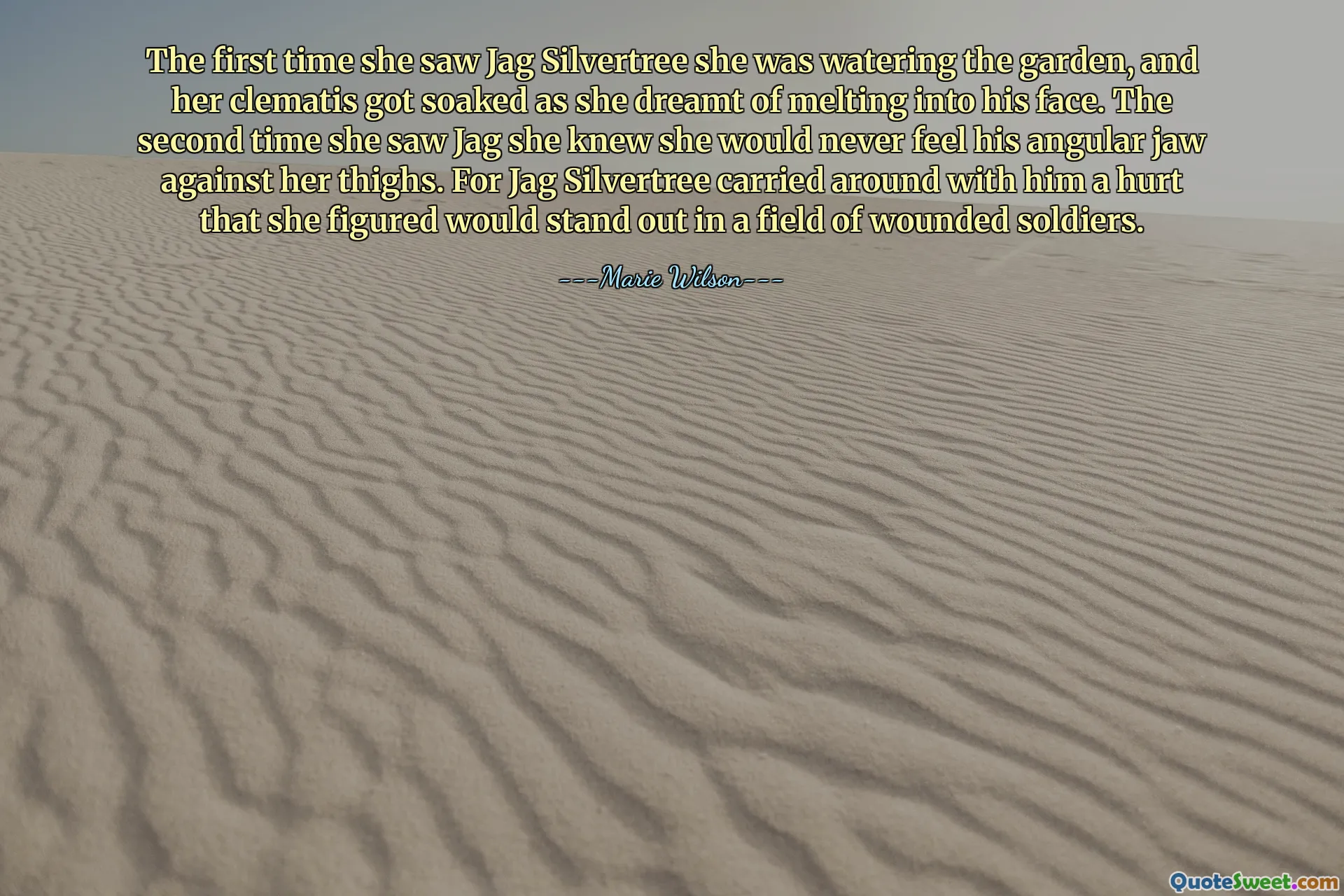 The first time she saw Jag Silvertree she was watering the garden, and her clematis got soaked as she dreamt of melting into his face. The second time she saw Jag she knew she would never feel his angular jaw against her thighs. For Jag Silvertree carried around with him a hurt that she figured would stand out in a field of wounded soldiers.
