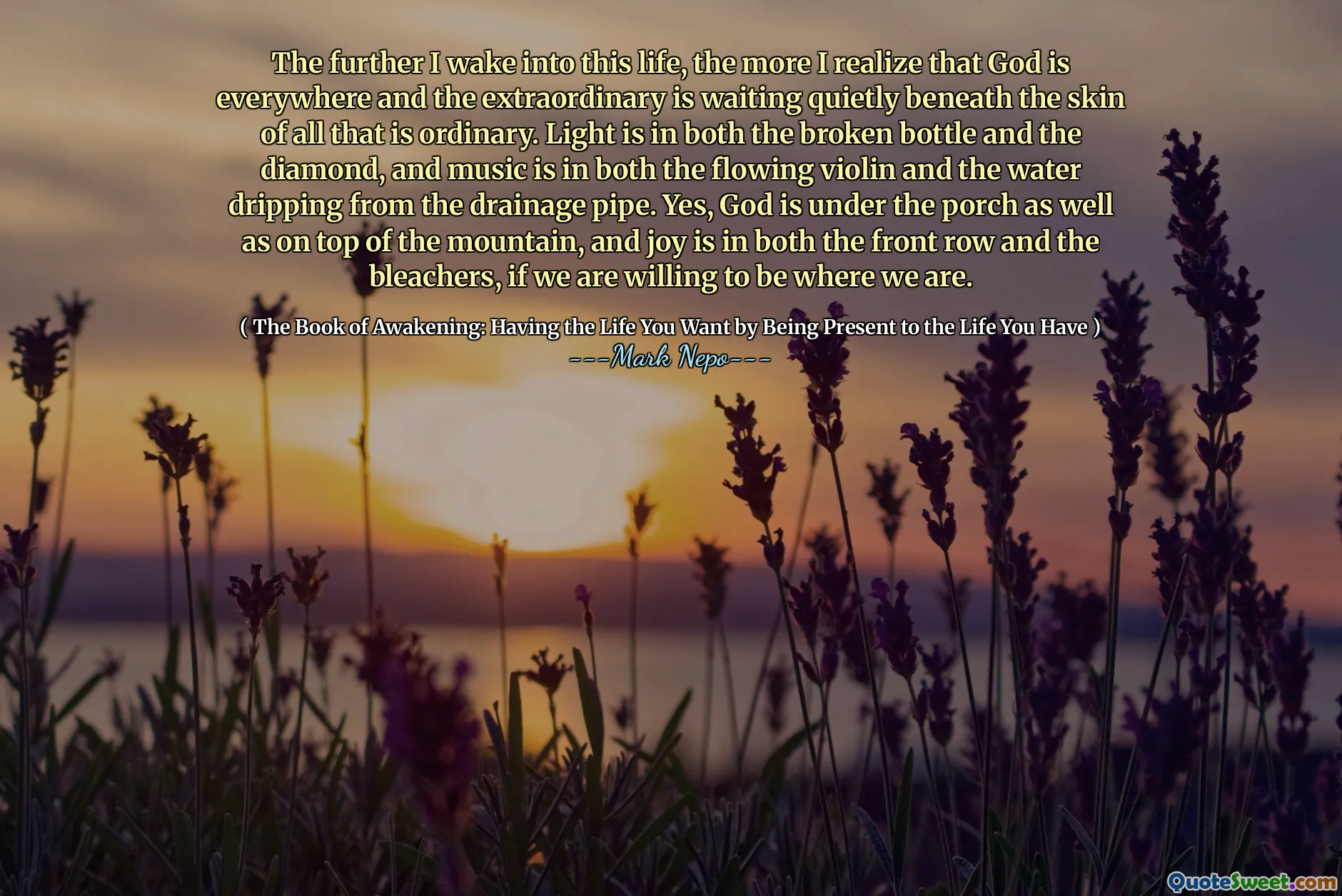 كلما استيقظت في هذه الحياة ، كلما أدركت أن الله موجود في كل مكان والاستثنائي ينتظر بهدوء تحت جلد كل ما هو عادي. يقع الضوء في كل من الزجاجة المكسورة والماس ، والموسيقى في كل من الكمان المتدفق والماء يقطر من أنبوب الصرف. نعم ، الله تحت الشرفة وكذلك على قمة الجبل ، والفرح في كل من الصف الأمامي والمبيضين ، إذا كنا على استعداد لوجودنا.