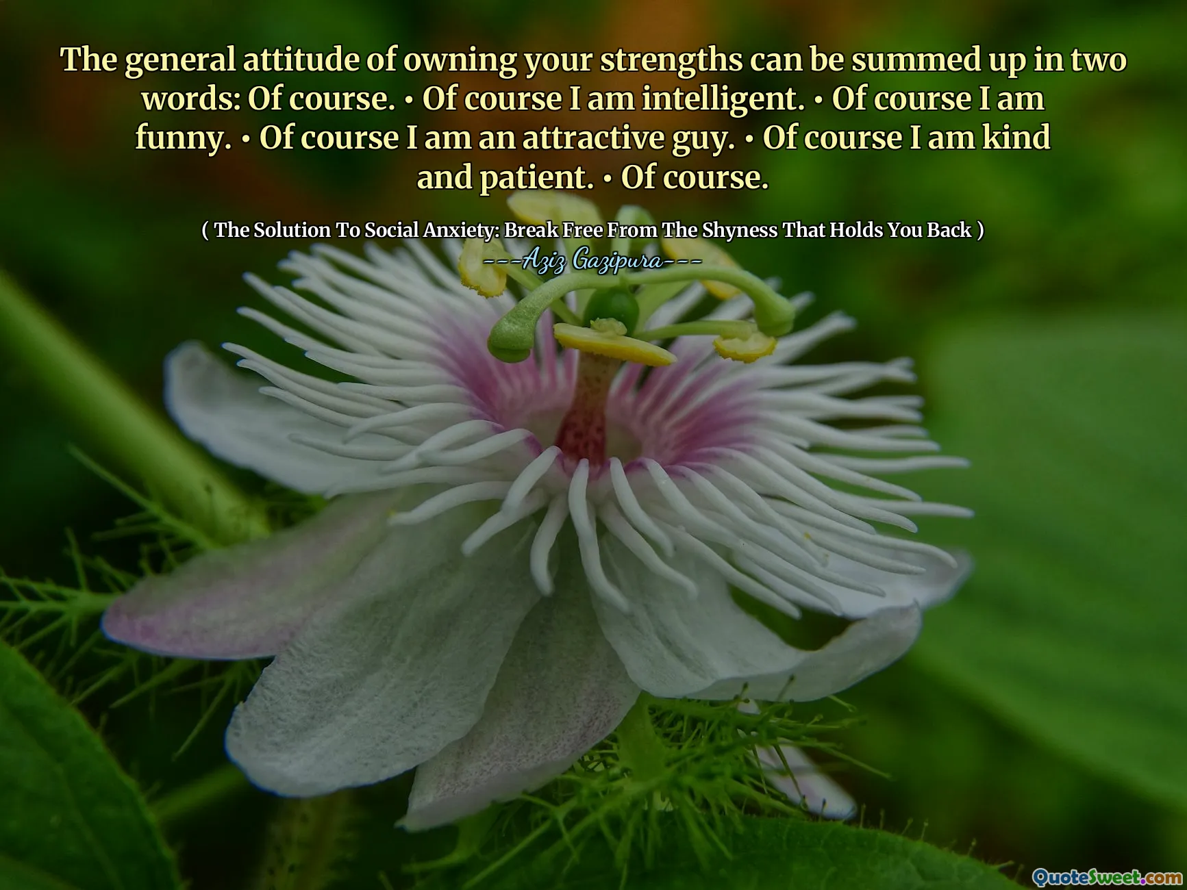 The general attitude of owning your strengths can be summed up in two words: Of course. • Of course I am intelligent. • Of course I am funny. • Of course I am an attractive guy. • Of course I am kind and patient. • Of course.