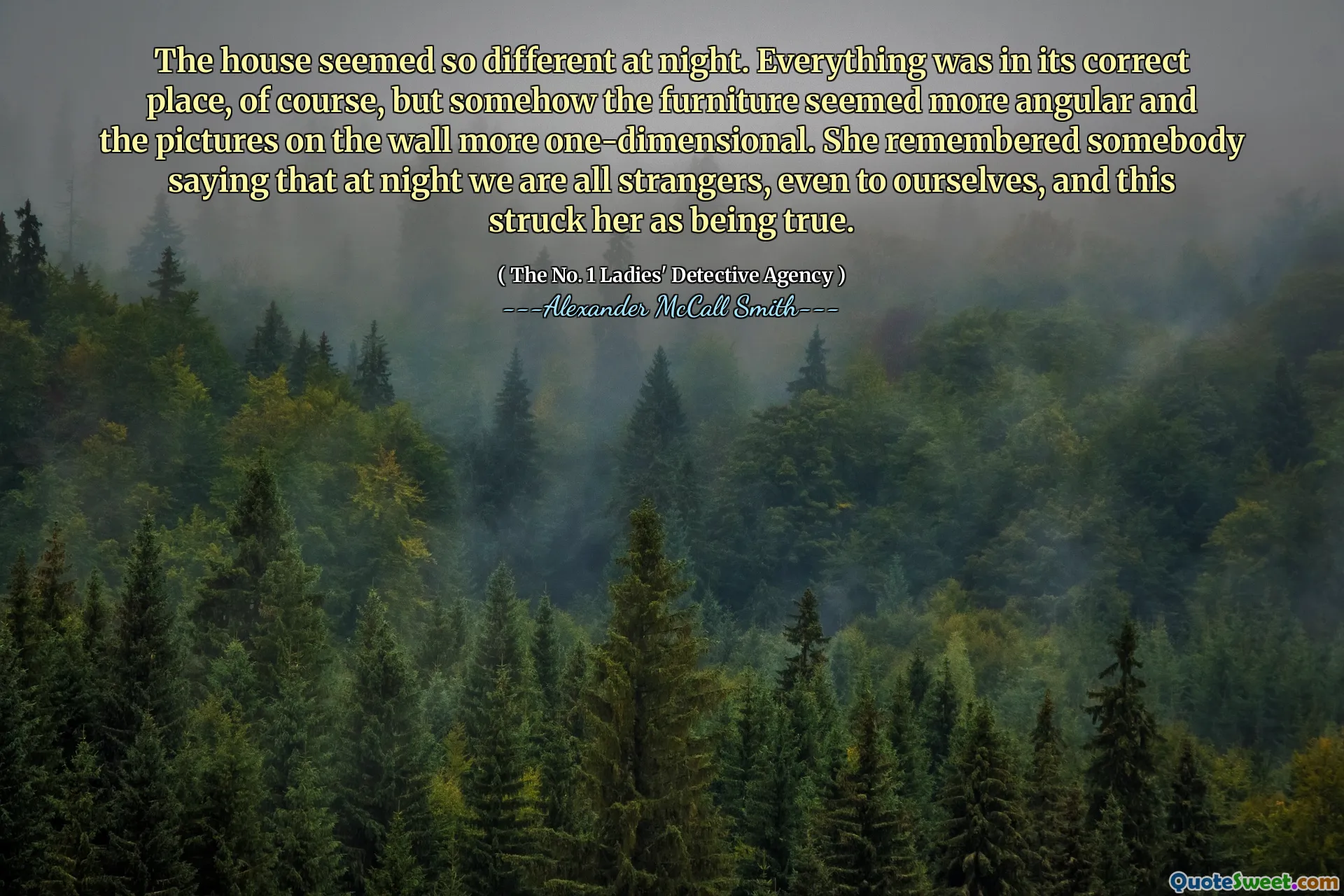 Дом казался таким другим ночью. Конечно, все было в его правильном месте, но каким-то образом мебель казалась более угловой, а изображения на стене более одномерны. Она вспомнила, как кто -то говорил, что ночью мы все незнакомцы, даже для себя, и это показалось ее правдой.