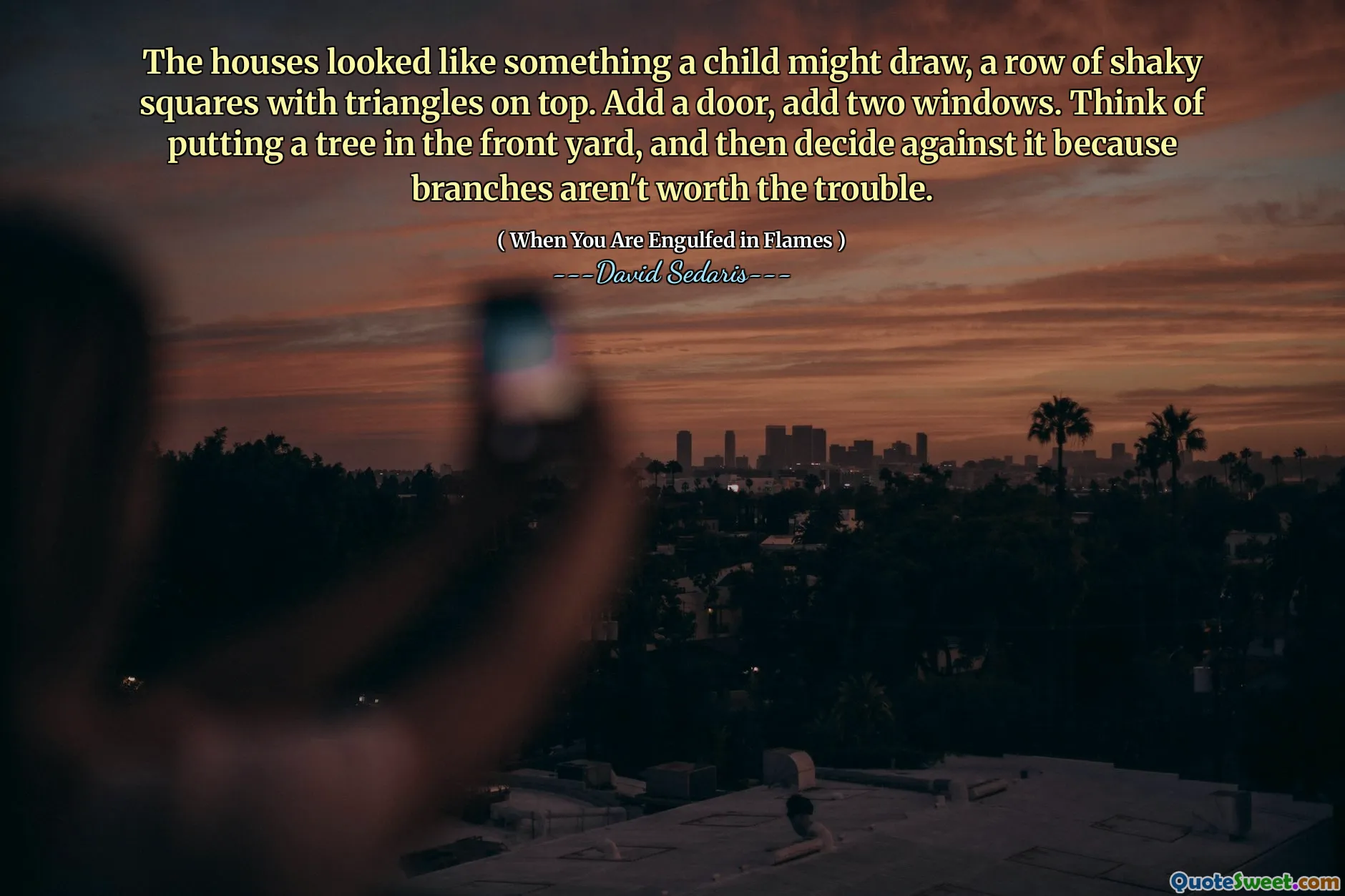 The houses looked like something a child might draw, a row of shaky squares with triangles on top. Add a door, add two windows. Think of putting a tree in the front yard, and then decide against it because branches aren't worth the trouble.