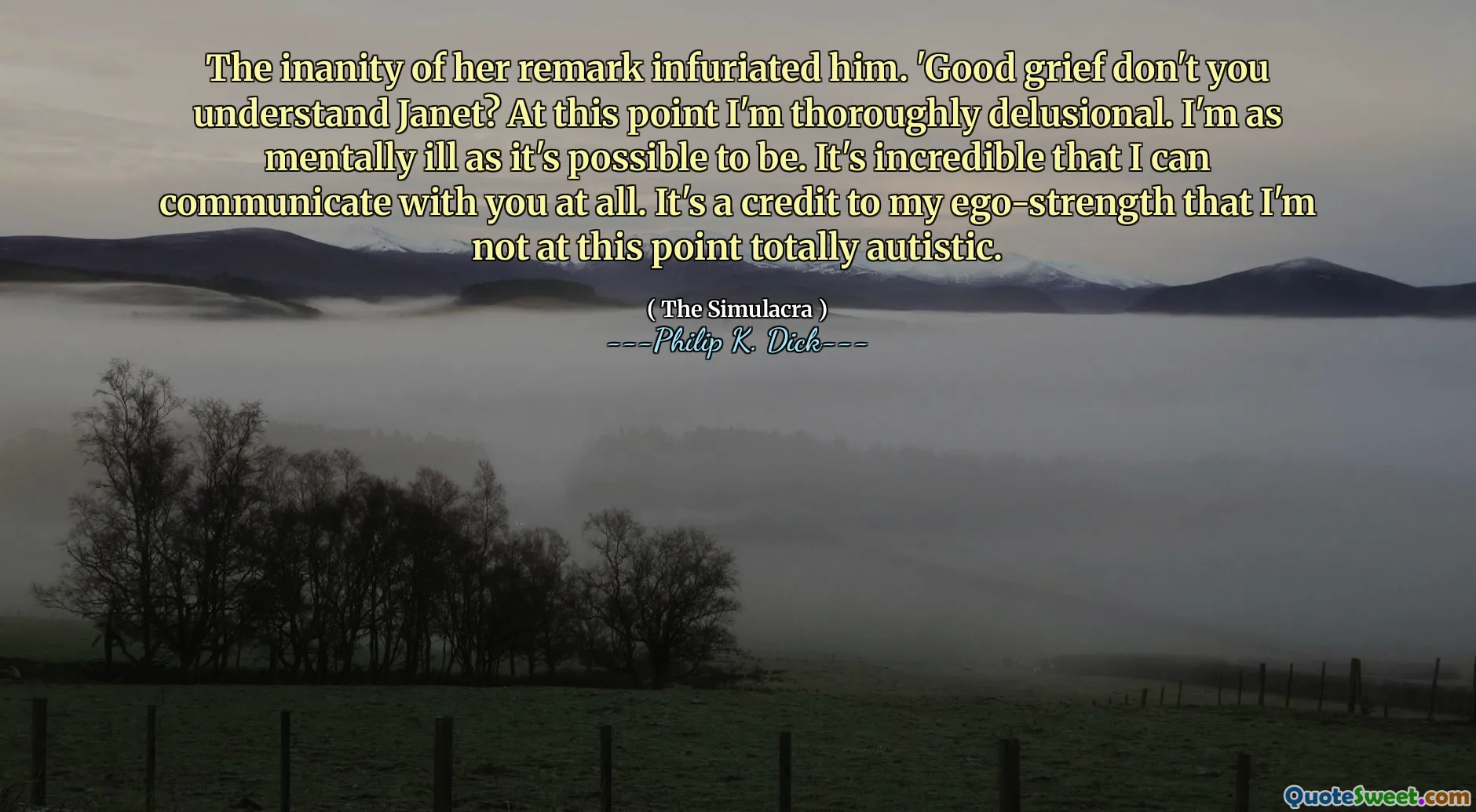 The inanity of her remark infuriated him. 'Good grief don't you understand Janet? At this point I'm thoroughly delusional. I'm as mentally ill as it's possible to be. It's incredible that I can communicate with you at all. It's a credit to my ego-strength that I'm not at this point totally autistic.