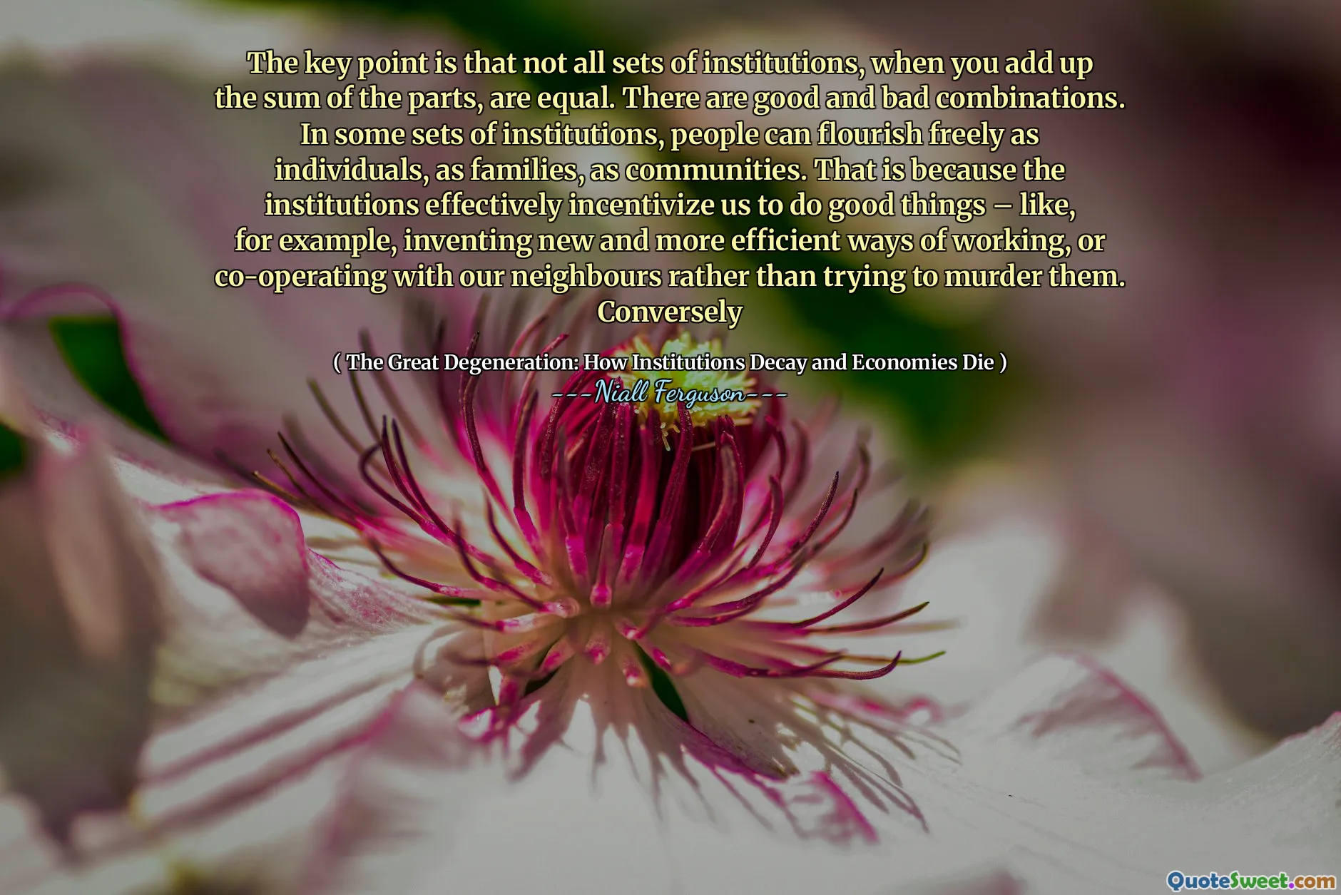 The key point is that not all sets of institutions, when you add up the sum of the parts, are equal. There are good and bad combinations. In some sets of institutions, people can flourish freely as individuals, as families, as communities. That is because the institutions effectively incentivize us to do good things – like, for example, inventing new and more efficient ways of working, or co-operating with our neighbours rather than trying to murder them. Conversely