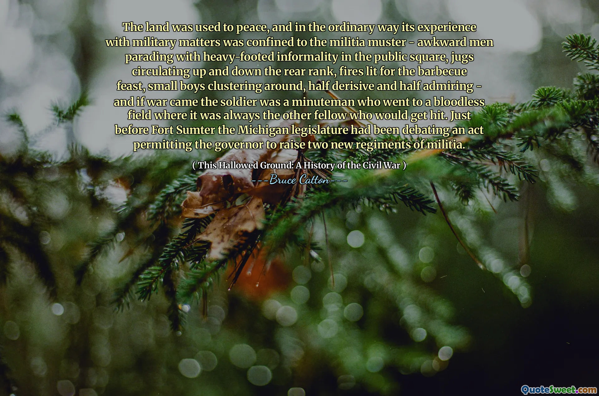 The land was used to peace, and in the ordinary way its experience with military matters was confined to the militia muster - awkward men parading with heavy-footed informality in the public square, jugs circulating up and down the rear rank, fires lit for the barbecue feast, small boys clustering around, half derisive and half admiring - and if war came the soldier was a minuteman who went to a bloodless field where it was always the other fellow who would get hit. Strax före Fort Sumter hade Michigan -lagstiftaren diskuterat en handling som tillät guvernören att uppfostra två nya regimenter av milis.