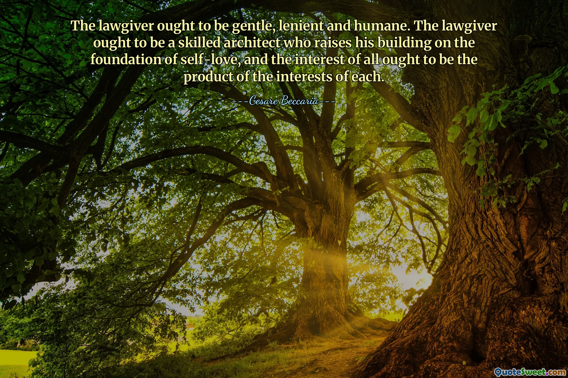 The lawgiver ought to be gentle, lenient and humane. The lawgiver ought to be a skilled architect who raises his building on the foundation of self-love, and the interest of all ought to be the product of the interests of each.