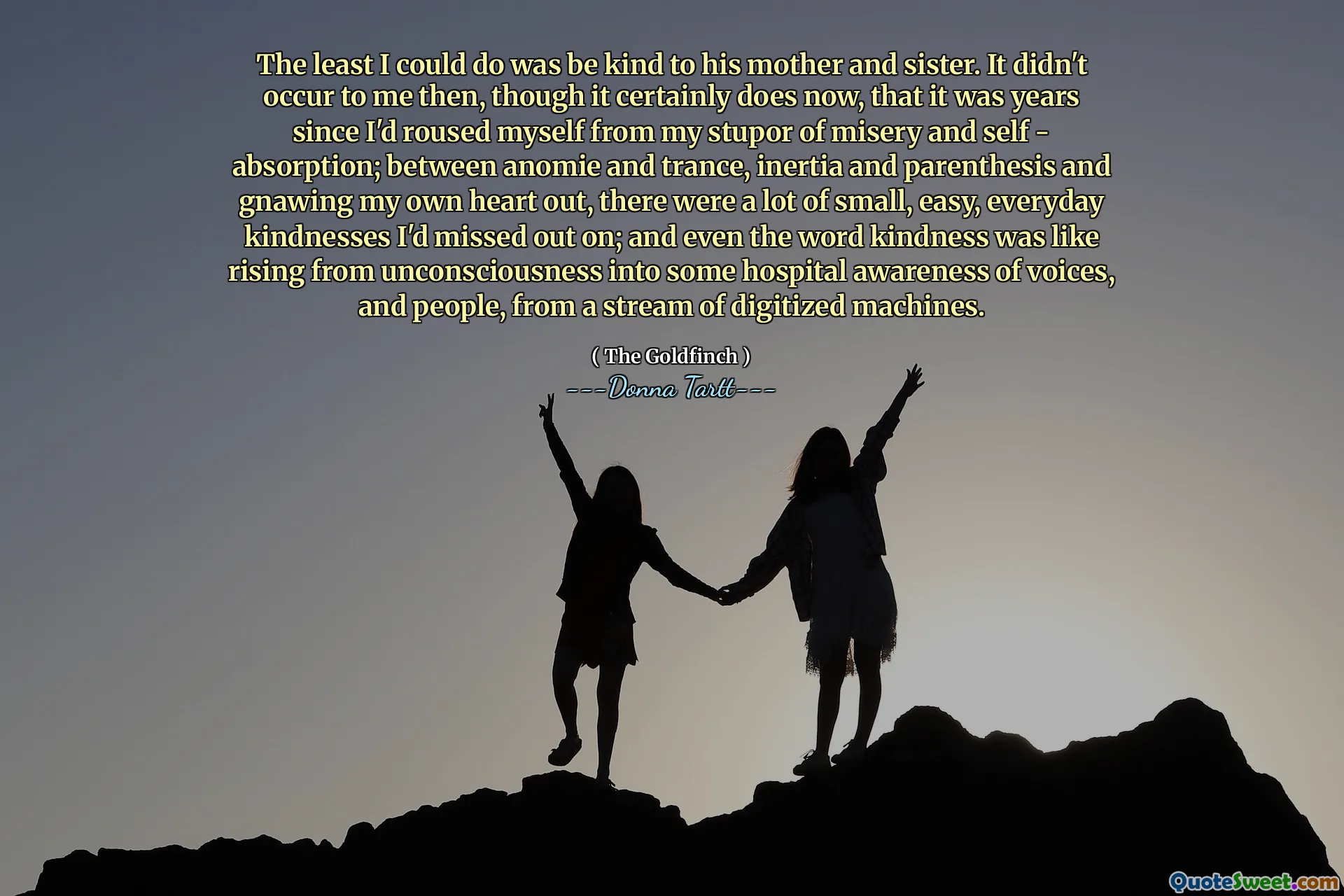 The least I could do was be kind to his mother and sister. It didn't occur to me then, though it certainly does now, that it was years since I'd roused myself from my stupor of misery and self - absorption; between anomie and trance, inertia and parenthesis and gnawing my own heart out, there were a lot of small, easy, everyday kindnesses I'd missed out on; and even the word kindness was like rising from unconsciousness into some hospital awareness of voices, and people, from a stream of digitized machines.
