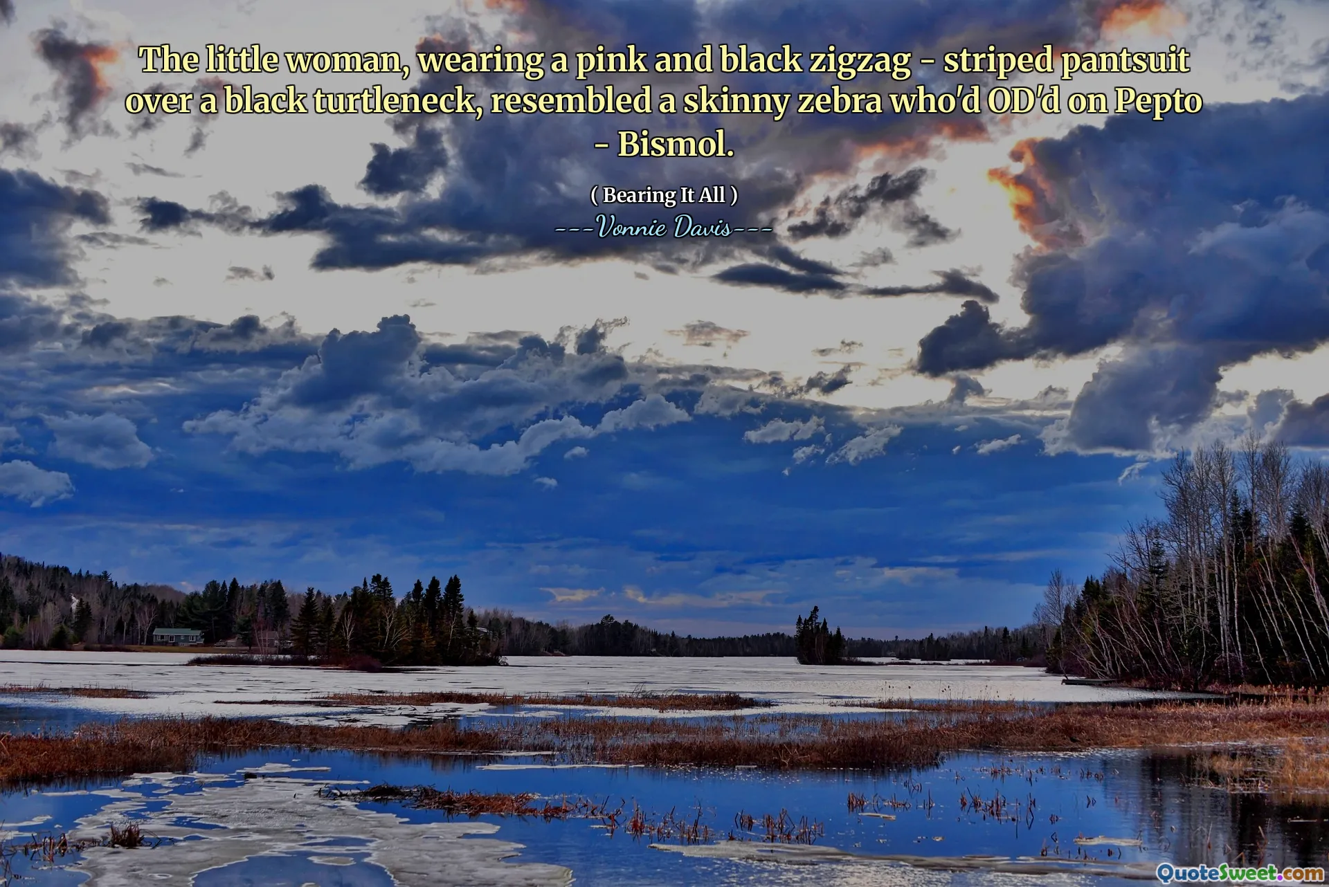 The little woman, wearing a pink and black zigzag - striped pantsuit over a black turtleneck, resembled a skinny zebra who'd OD'd on Pepto - Bismol.