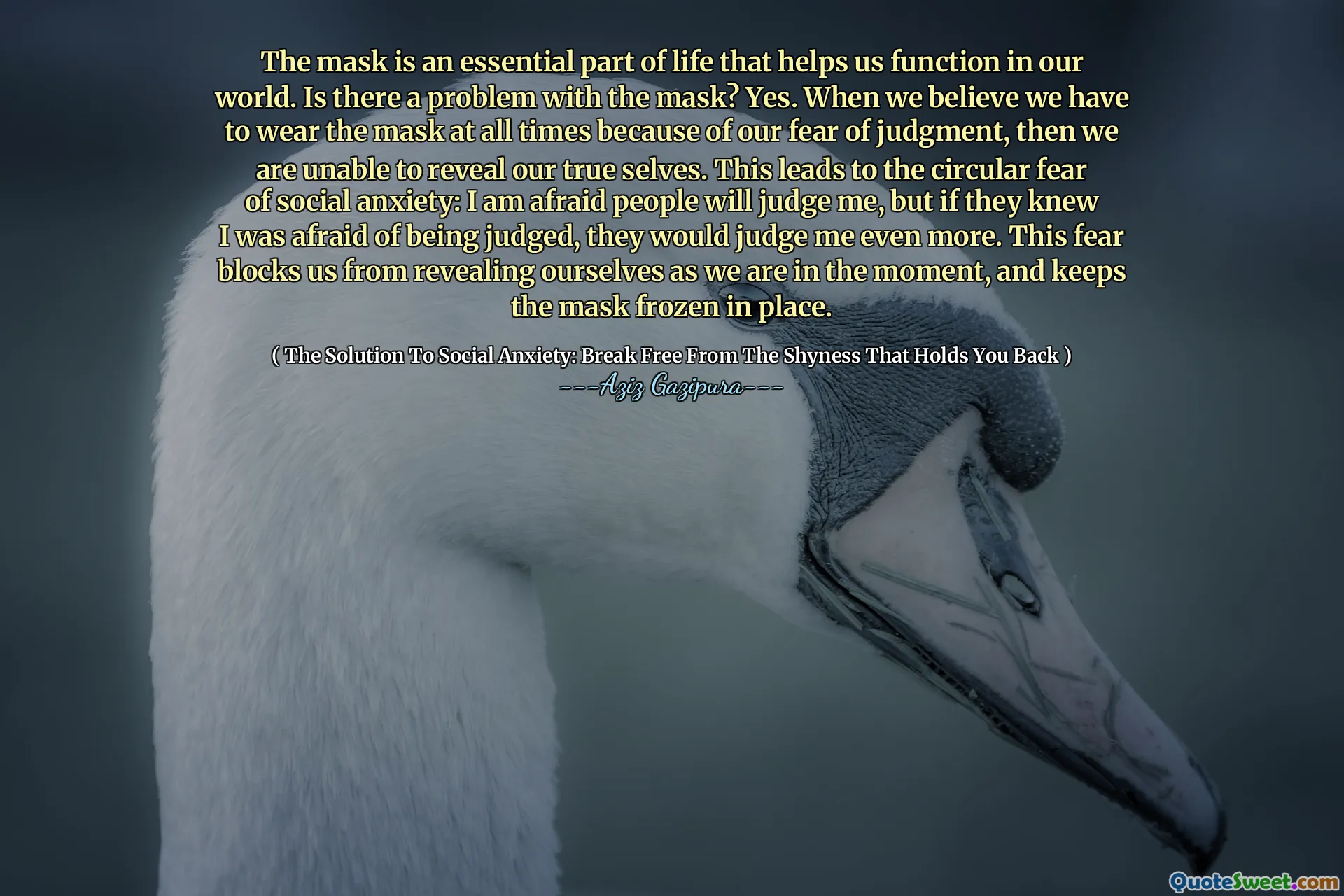The mask is an essential part of life that helps us function in our world. Is there a problem with the mask? Yes. When we believe we have to wear the mask at all times because of our fear of judgment, then we are unable to reveal our true selves. This leads to the circular fear of social anxiety: I am afraid people will judge me, but if they knew I was afraid of being judged, they would judge me even more. This fear blocks us from revealing ourselves as we are in the moment, and keeps the mask frozen in place.