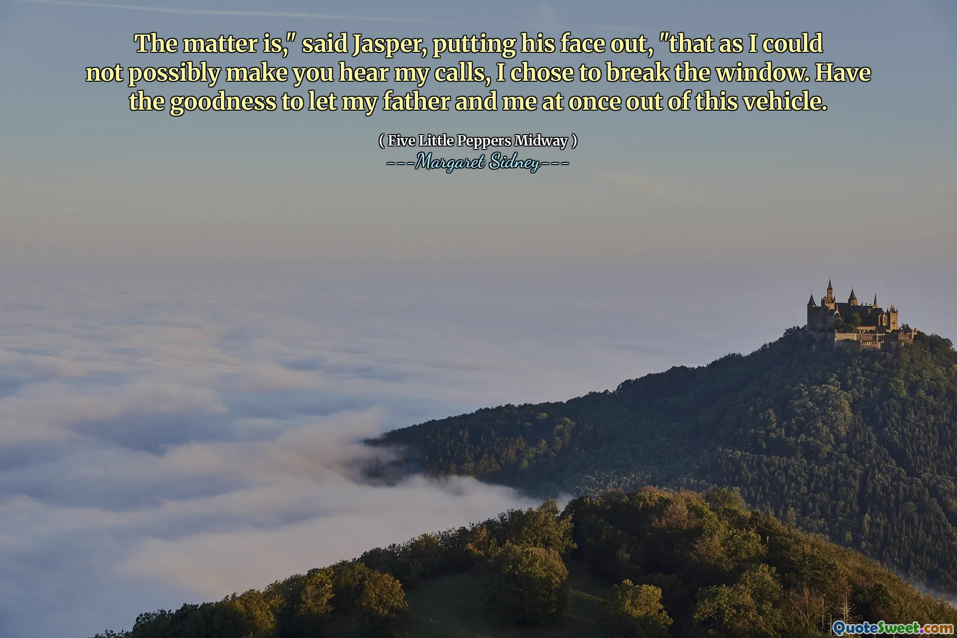 Problema este, a spus Jasper, întinzându -și fața afară, „că, așa cum nu te -am putut face să -mi auzi apelurile, am ales să rup fereastra. Aveți bunătatea de a -i lăsa pe tatăl meu și pe mine dintr -o dată ieșind din acest vehicul.
