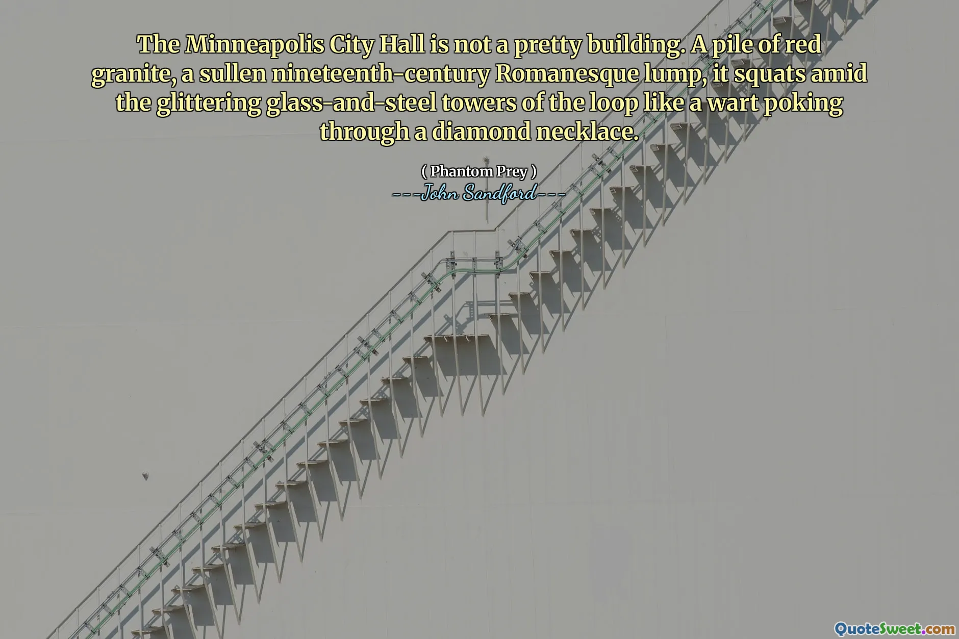 قاعة مدينة مينيابوليس ليست مبنى جميلاً. كومة من الجرانيت الأحمر، كتلة رومانسكية متجهمة من القرن التاسع عشر، تتربع وسط أبراج الحلقة المصنوعة من الزجاج والفولاذ المتلألئة مثل ثؤلول يخترق قلادة من الماس.