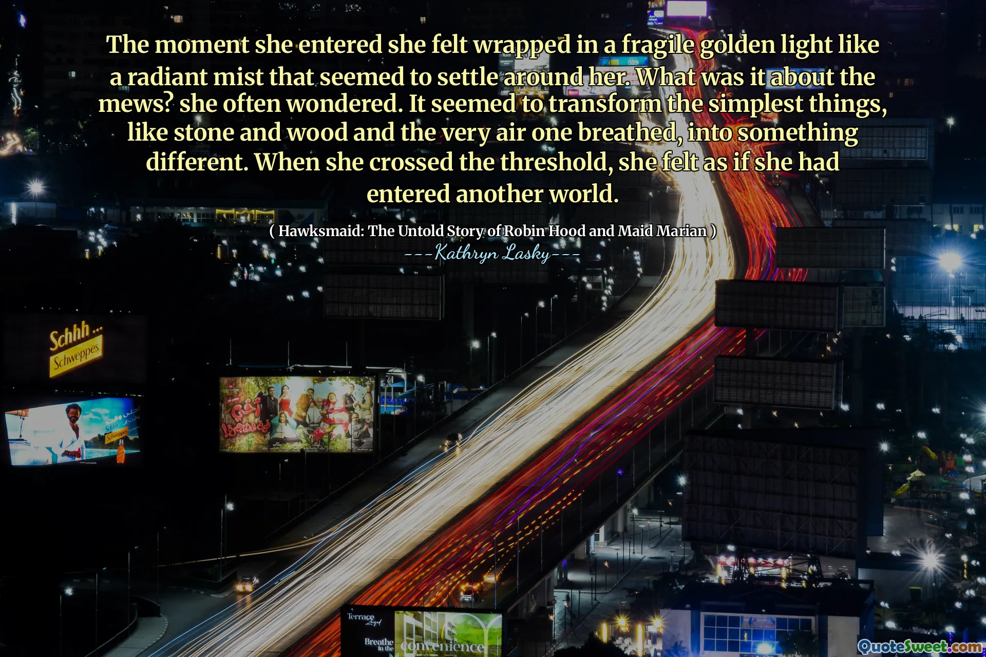 The moment she entered she felt wrapped in a fragile golden light like a radiant mist that seemed to settle around her. What was it about the mews? she often wondered. It seemed to transform the simplest things, like stone and wood and the very air one breathed, into something different. When she crossed the threshold, she felt as if she had entered another world.
