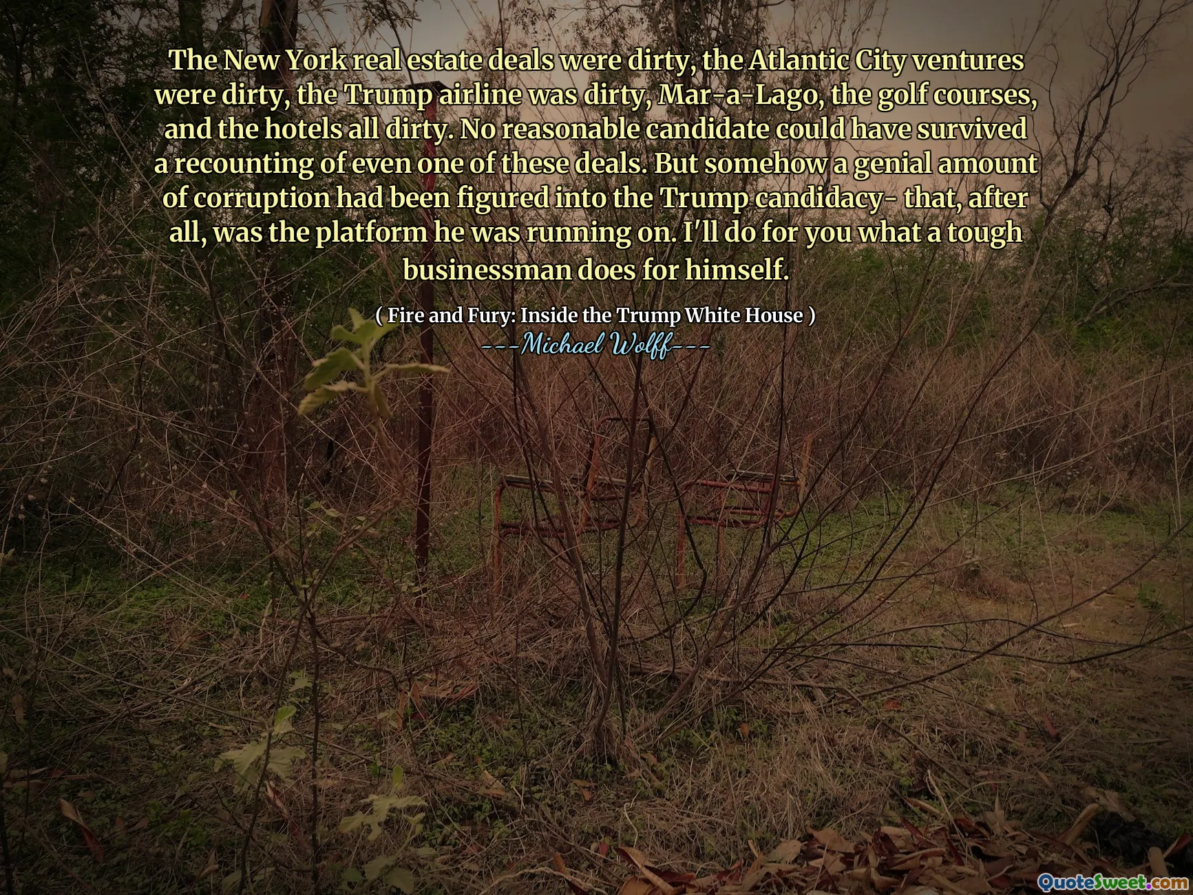 The New York real estate deals were dirty, the Atlantic City ventures were dirty, the Trump airline was dirty, Mar-a-Lago, the golf courses, and the hotels all dirty. No reasonable candidate could have survived a recounting of even one of these deals. But somehow a genial amount of corruption had been figured into the Trump candidacy- that, after all, was the platform he was running on. I'll do for you what a tough businessman does for himself.