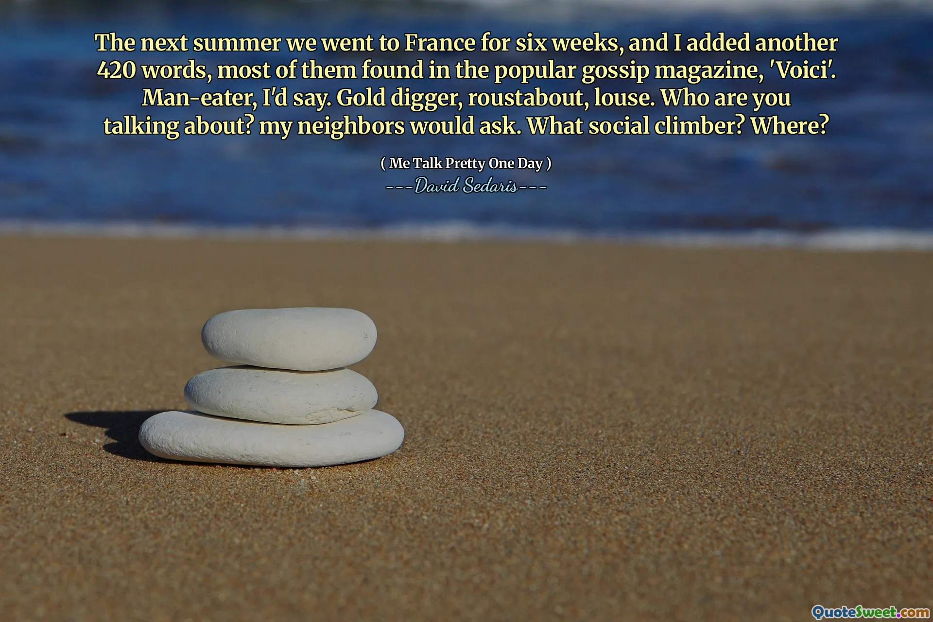 The next summer we went to France for six weeks, and I added another 420 words, most of them found in the popular gossip magazine, 'Voici'. Man-eater, I'd say. Gold digger, roustabout, louse. Who are you talking about? my neighbors would ask. What social climber? Where?