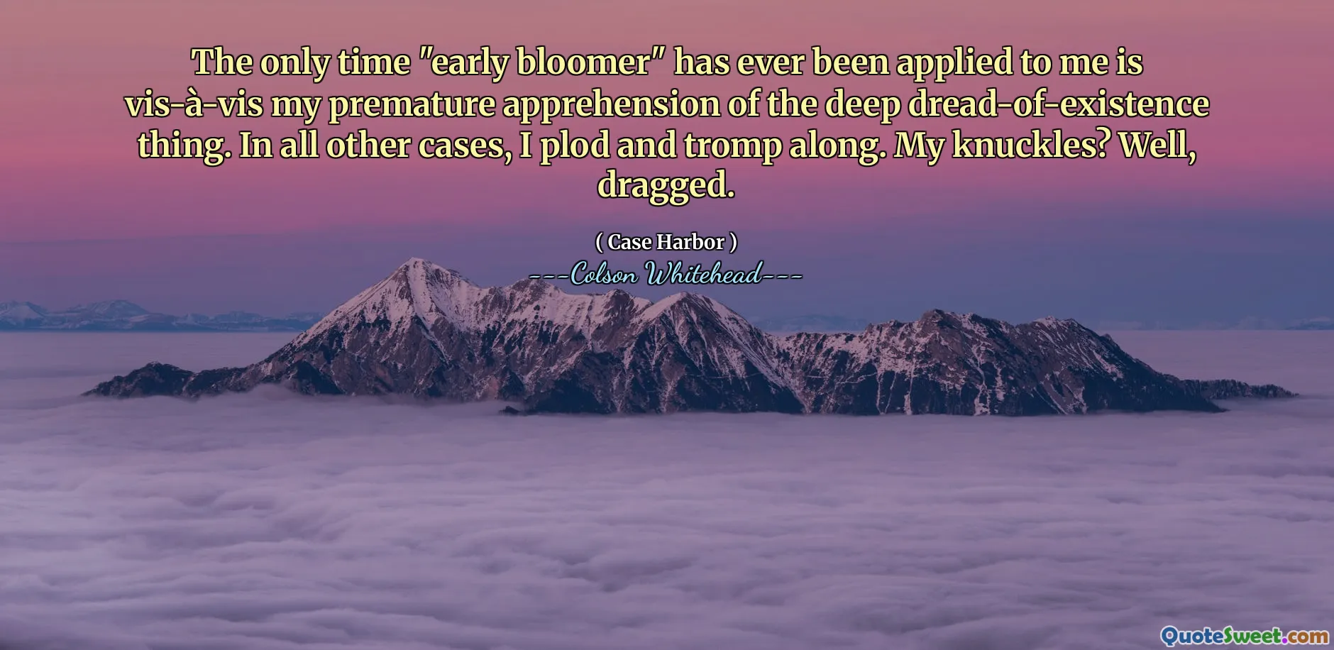 The only time "early bloomer" has ever been applied to me is vis-à-vis my premature apprehension of the deep dread-of-existence thing. In all other cases, I plod and tromp along. My knuckles? Well, dragged.