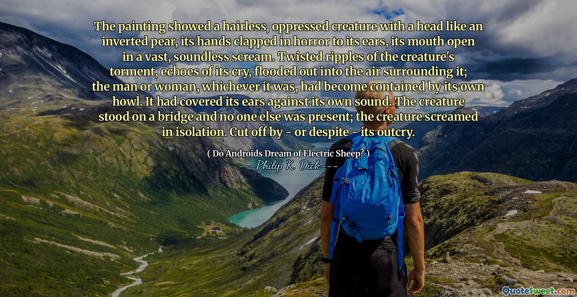 На картине показано безволосое, угнетенное существо с головой, похожей на перевернутую грушу, его руки хлопали в ужасе на уши, его рот открылся в обширном, беззвучном крике. Скрученные рябь мучений существа, отголоски его крика, затопленные в окружающий его воздух; Мужчина или женщина, в зависимости от того, что это было, стали сдерживаться своим собственным воем. Он покрыл свои уши от собственного звука. Существо стояло на мосту, и никто не присутствовал; Существо кричало в изоляции. Отрезиться - или, несмотря на, это протест.