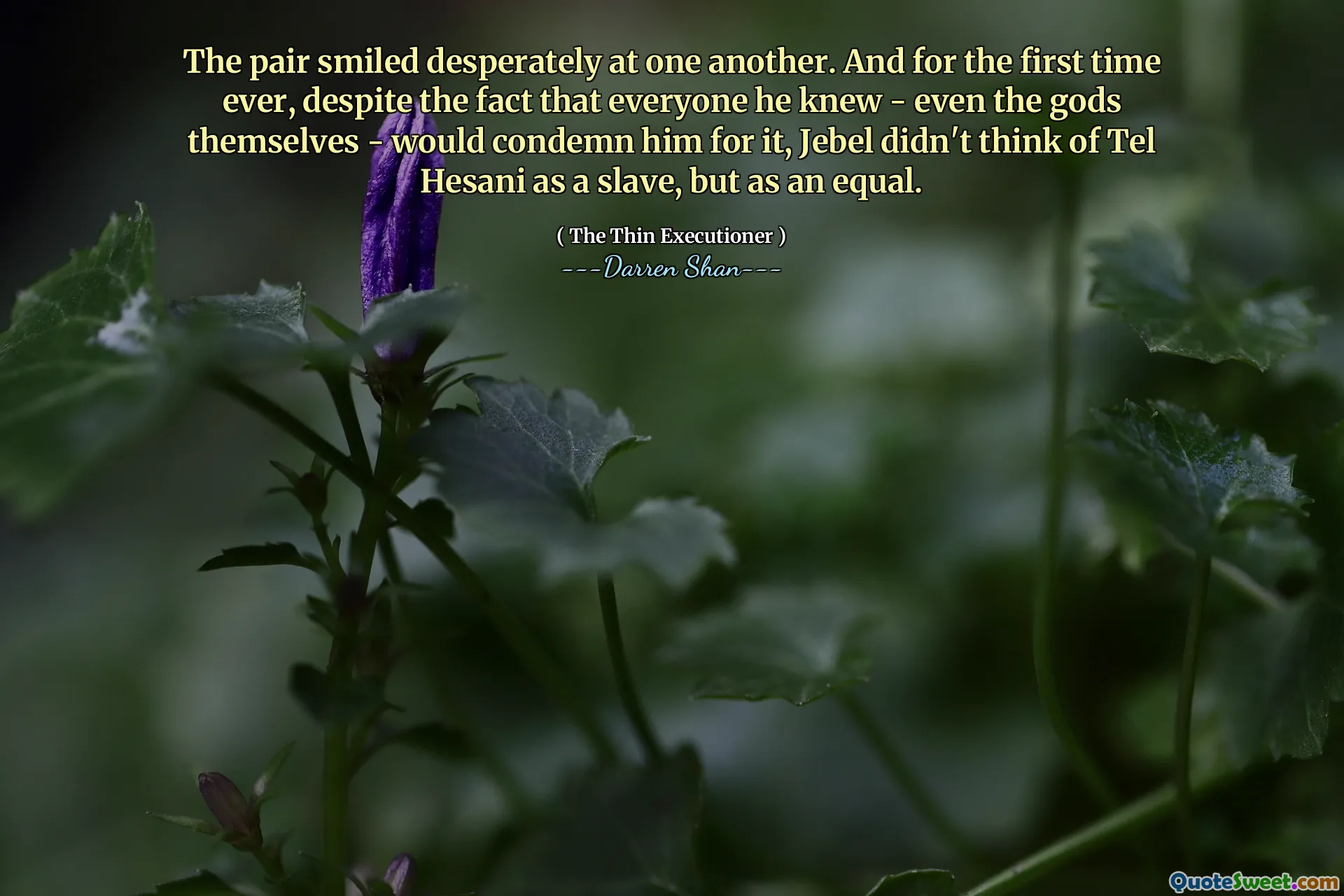 The pair smiled desperately at one another. And for the first time ever, despite the fact that everyone he knew - even the gods themselves - would condemn him for it, Jebel didn't think of Tel Hesani as a slave, but as an equal.