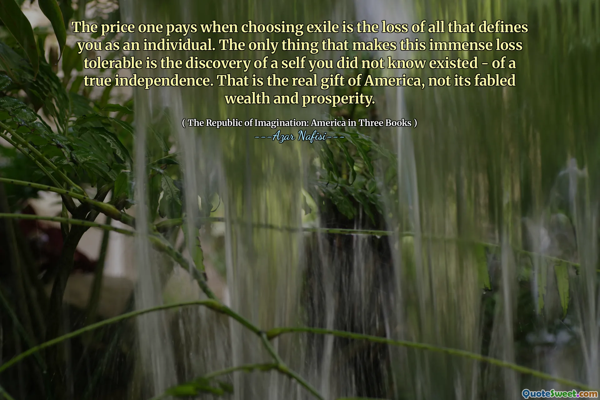 Prisen man betaler når du velger eksil er tapet av alt som definerer deg som individ. Det eneste som gjør dette enorme tapet tålelig er oppdagelsen av et selv du ikke visste eksisterte - av en ekte uavhengighet. Det er den virkelige gaven til Amerika, ikke den sagnomsuste rikdommen og velstanden.