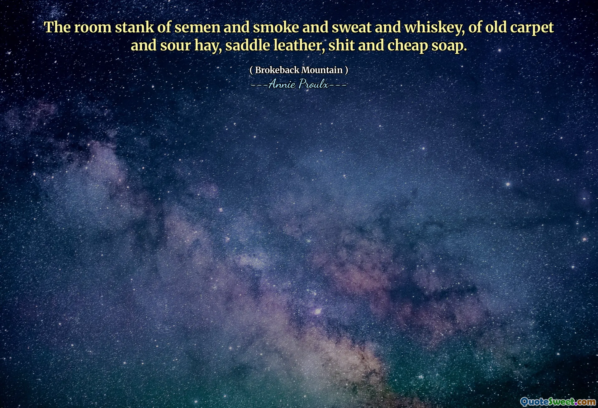 La stanza puzzava di sperma e fumo, sudore e whisky, di vecchio tappeto e fieno acido, pelle di sella, merda e sapone economico.